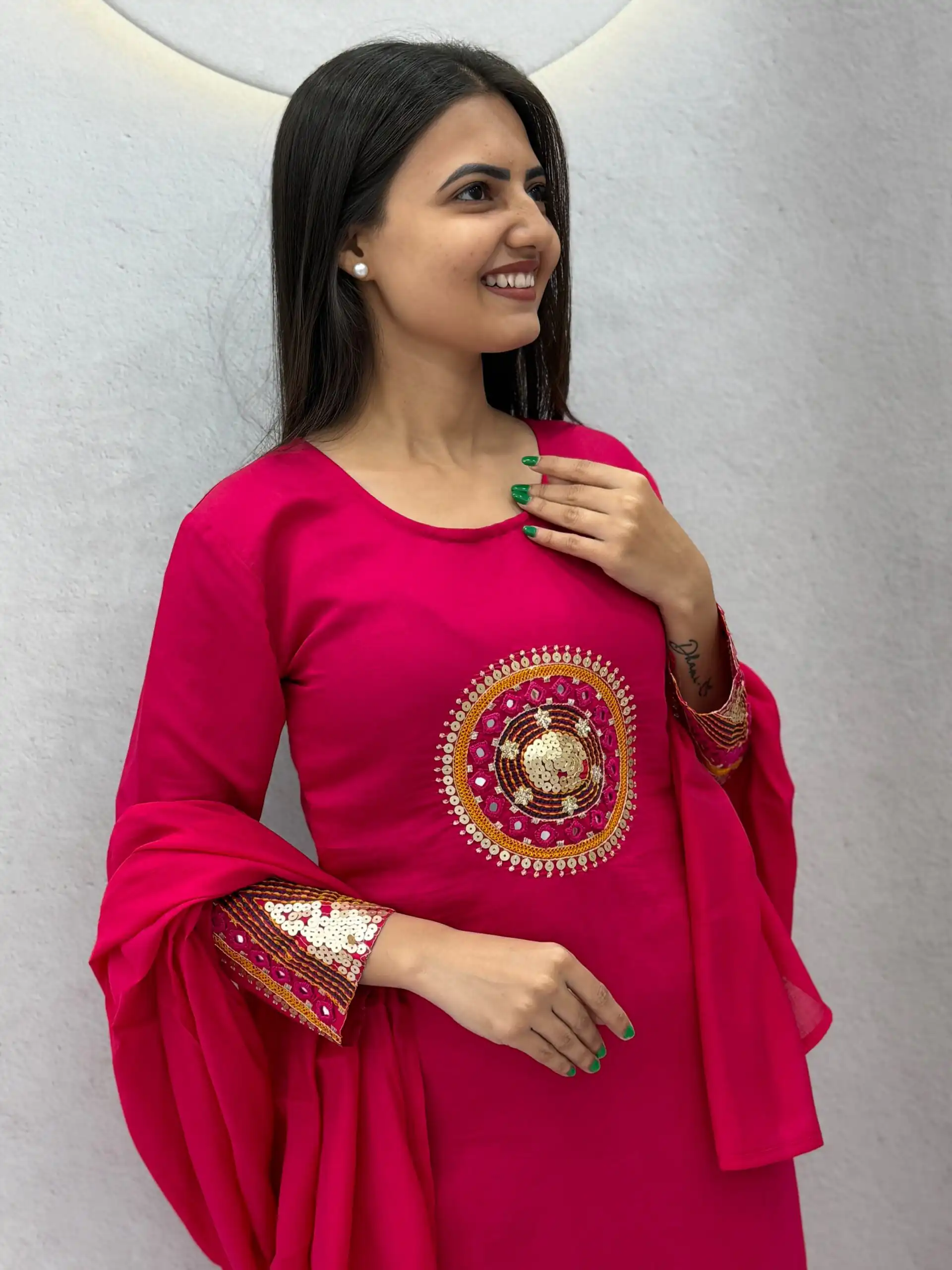 Aglow Pink Roman Silk Hand Work Salwar Suit - Image 6