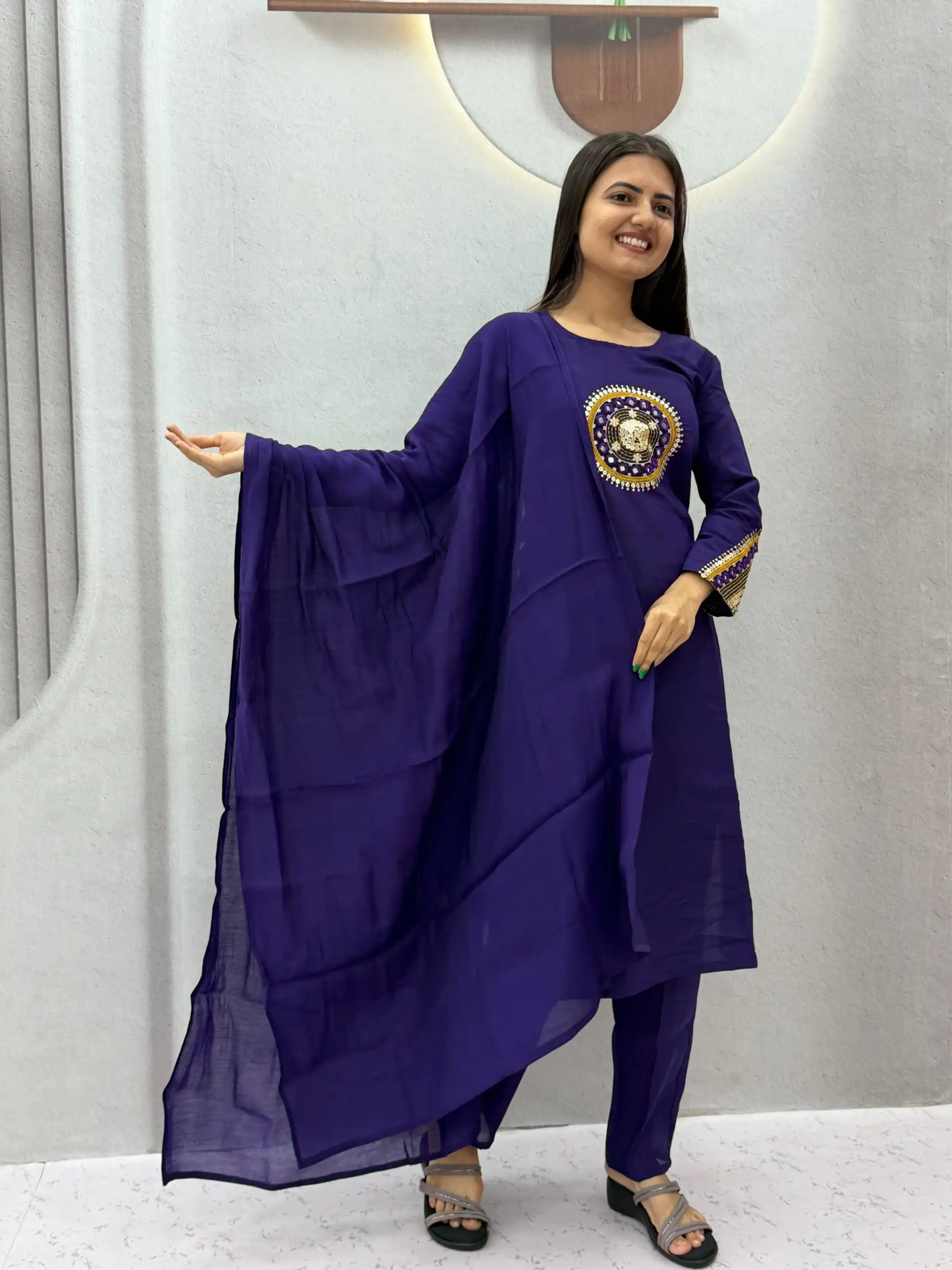Aglow Purple Roman Silk Hand Work Salwar Suit - Image 7