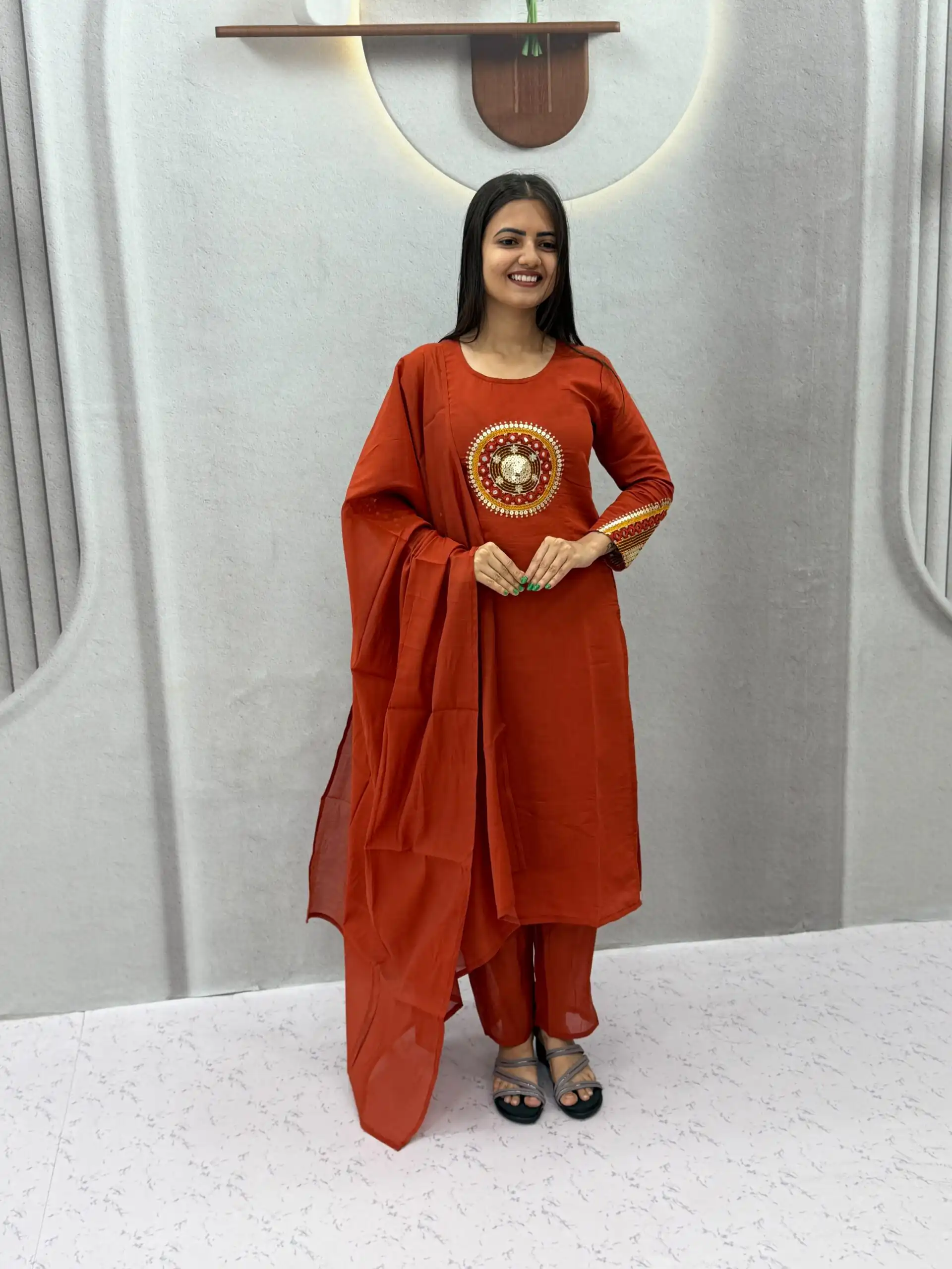 Aglow Rust Roman Silk Hand Work Salwar Suit - Image 2
