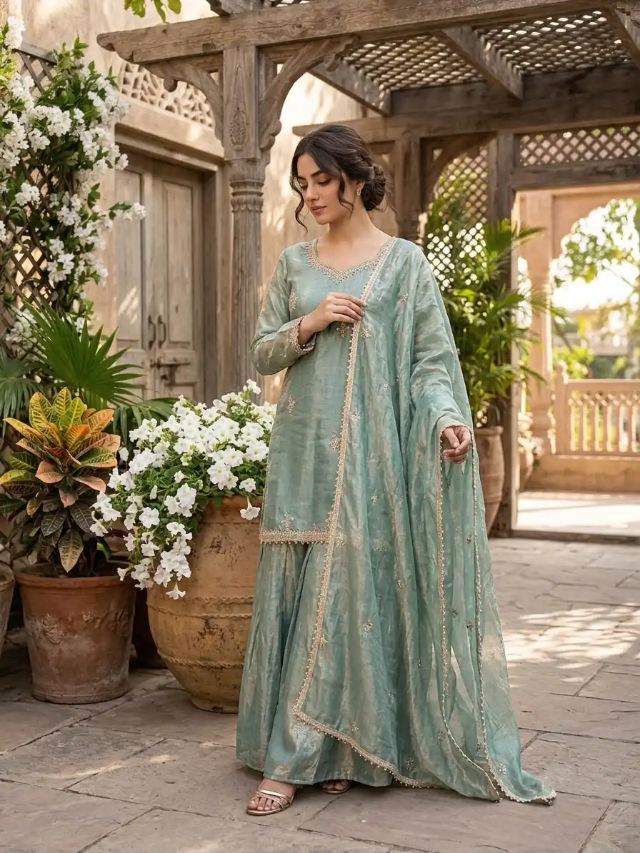Aglow Teal Fendy Silk ⁠Embroidery Work Salwar Suit - Image 7