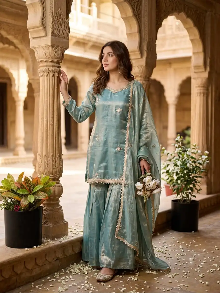 Aglow Teal Fendy Silk ⁠Embroidery Work Salwar Suit - Image 3