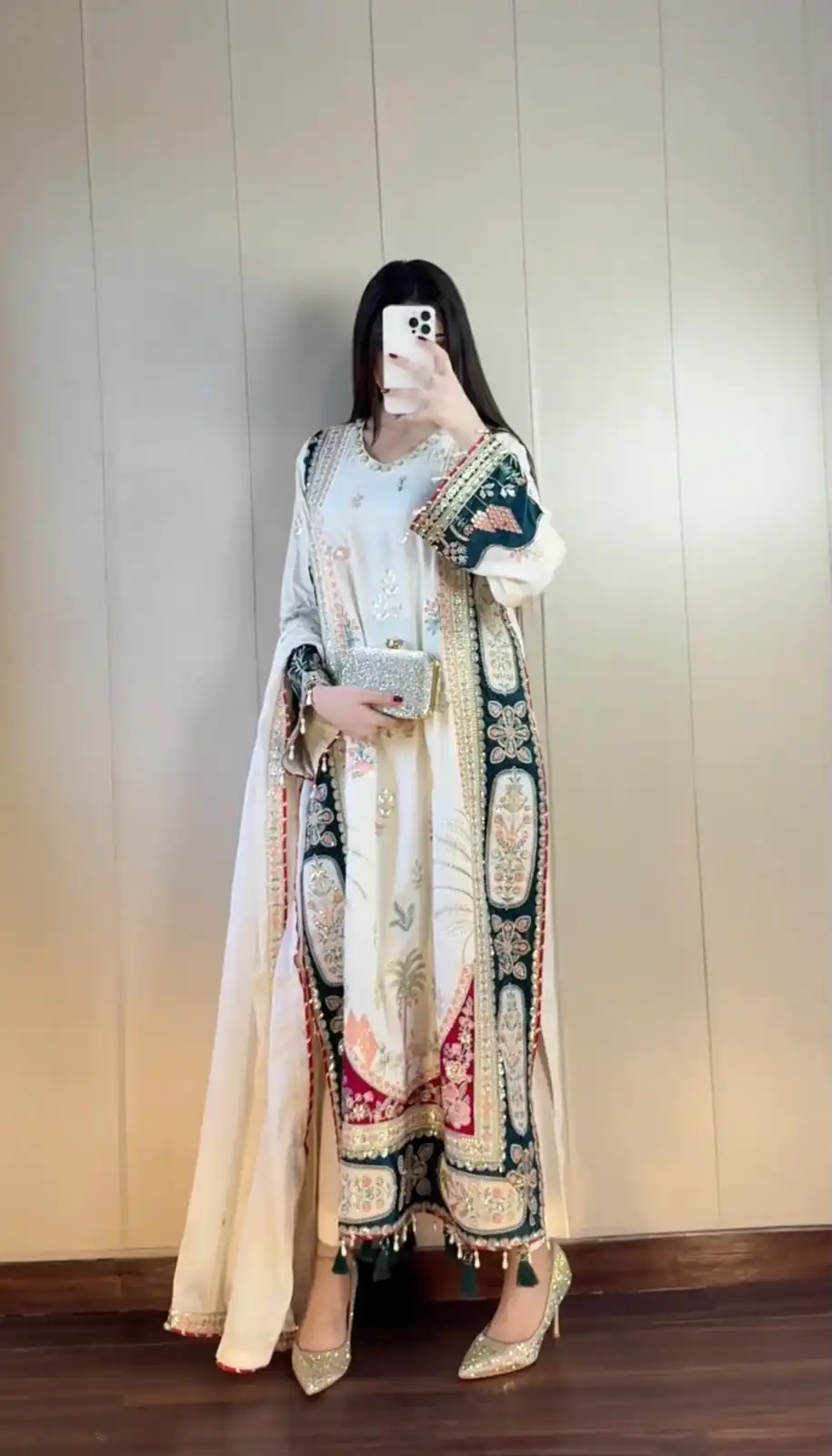 Aglow White Star Silk Embroidery Sequins Work Salwar Suit - Image 2