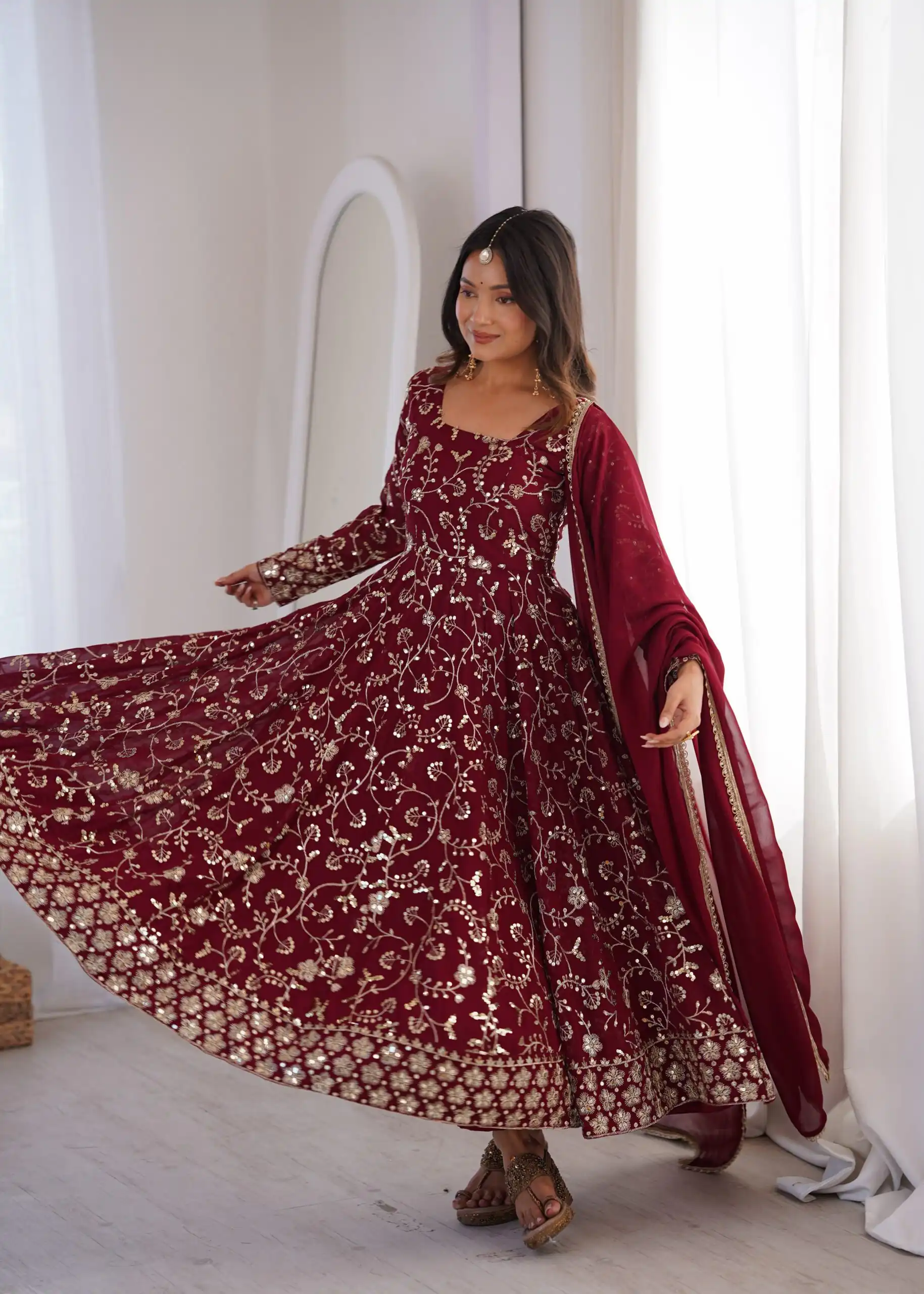 Beautiful Maroon Fox Georgette Embroidery Work Gown - Image 6
