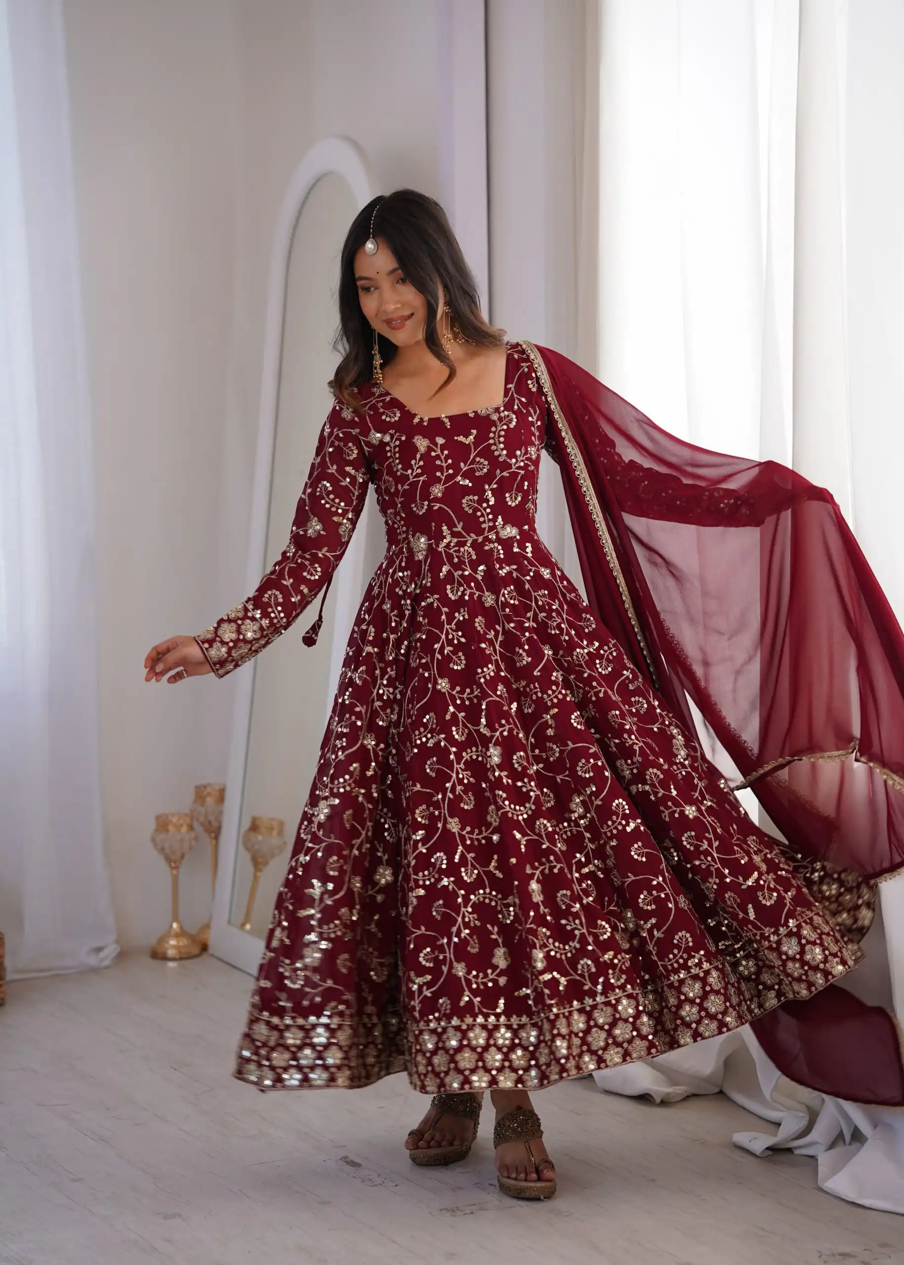 Beautiful Maroon Fox Georgette Embroidery Work Gown - Image 3