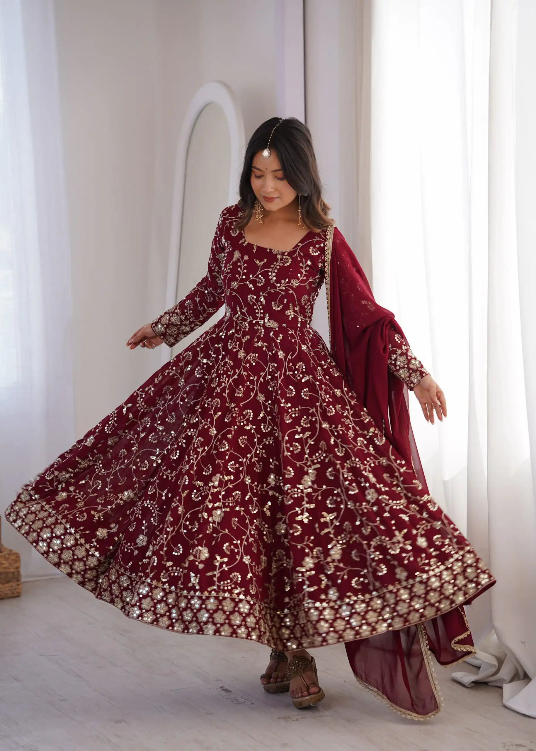 Beautiful Maroon Fox Georgette Embroidery Work Gown - Image 7
