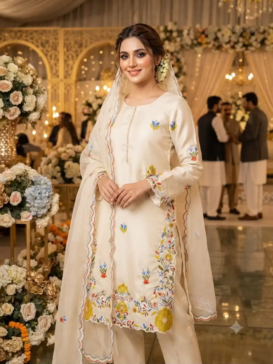 Beautiful Off White Glass Roman Embroidery Work Salwar Suit - Image 3