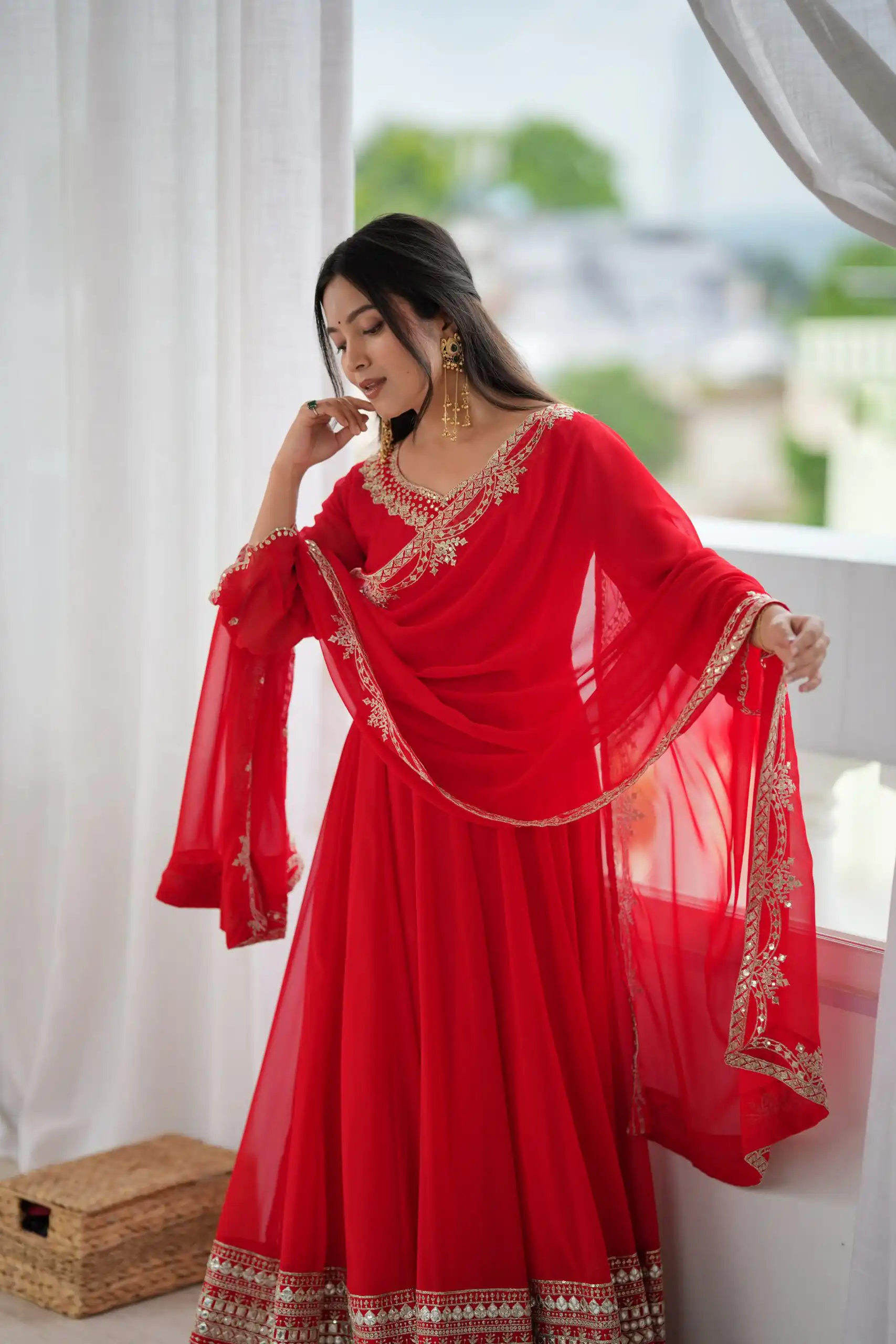 Beautiful Red Fox Georgette Sequence Work Gown - Image 10