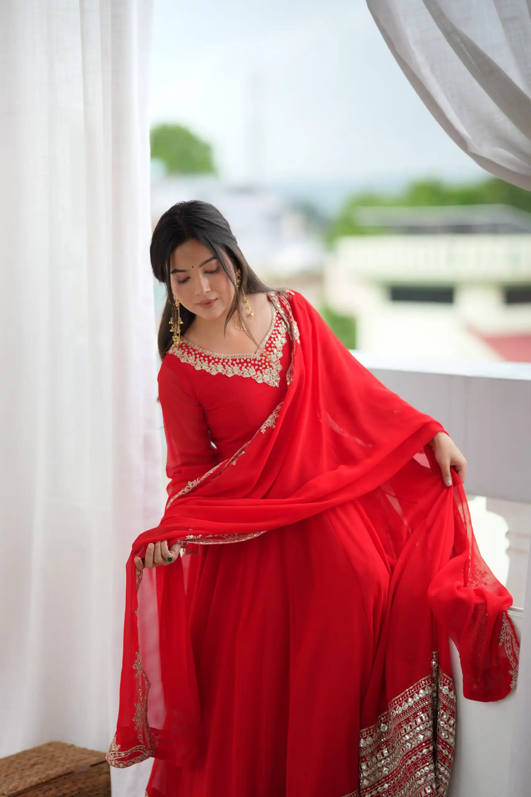 Beautiful Red Fox Georgette Sequence Work Gown - Image 8