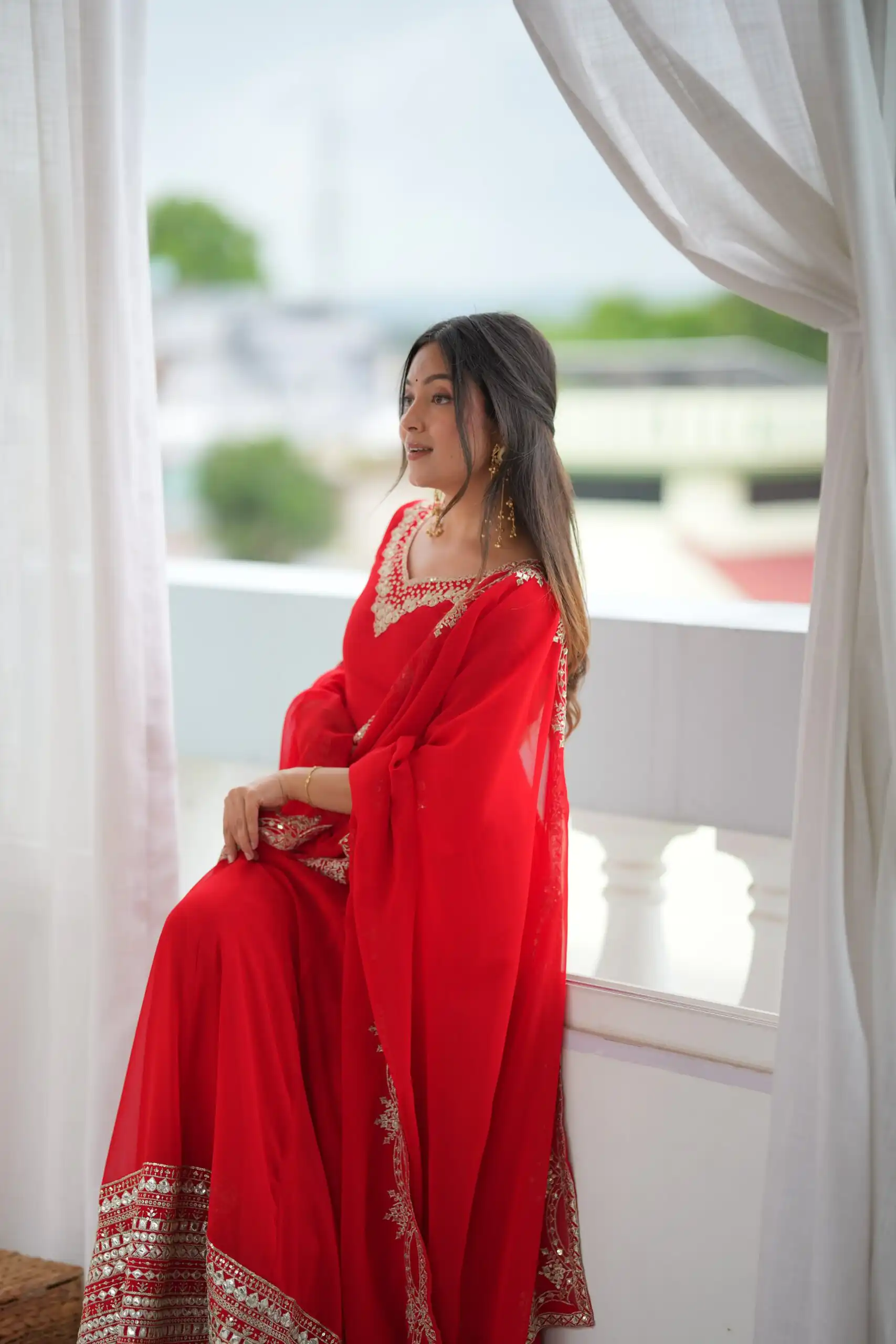 Beautiful Red Fox Georgette Sequence Work Gown - Image 7
