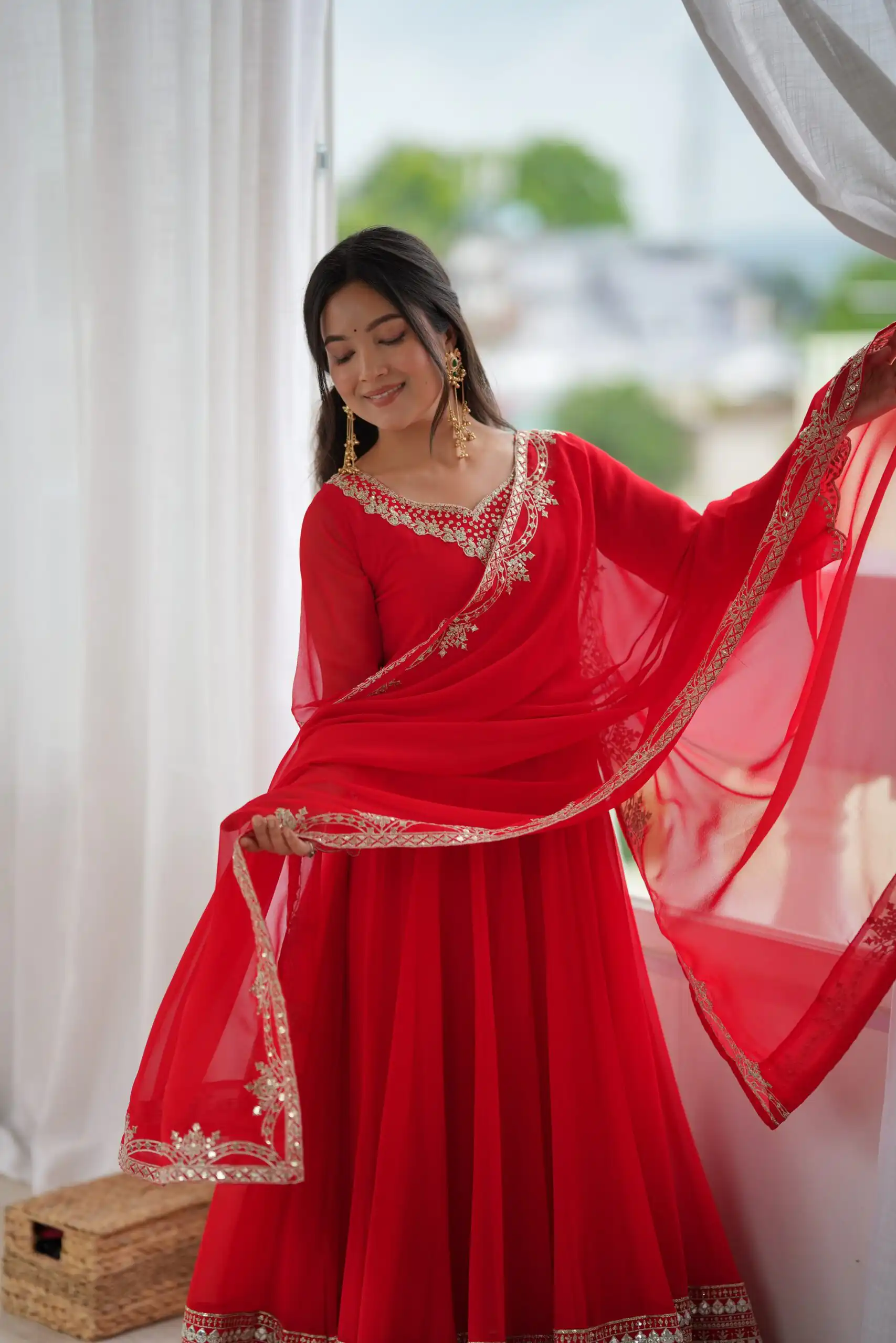 Beautiful Red Fox Georgette Sequence Work Gown - Image 5