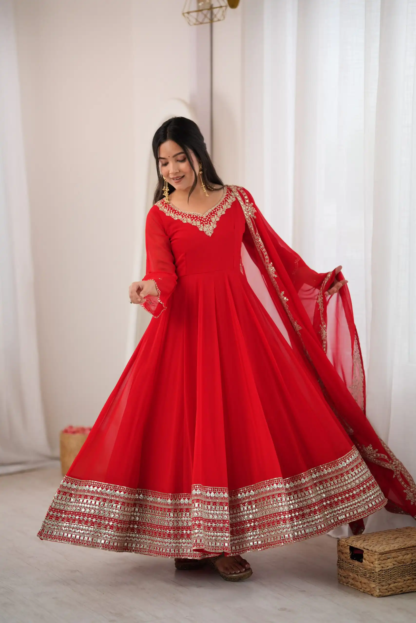 Beautiful Red Fox Georgette Sequence Work Gown - Image 3