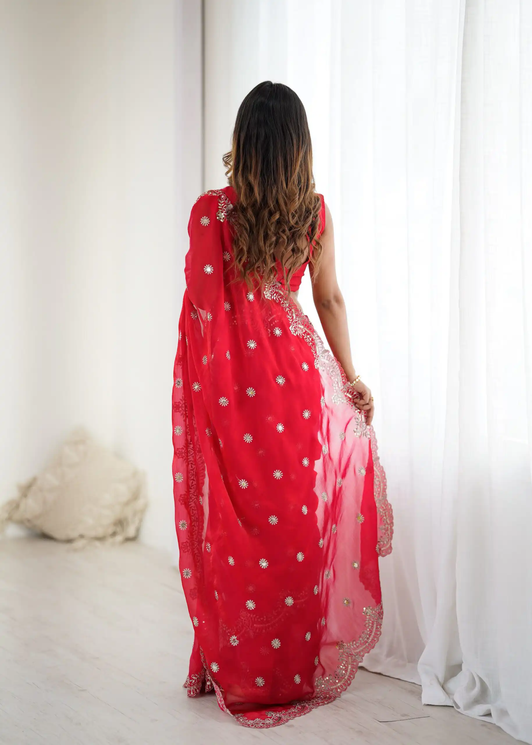 Bright Red Fendy Chiffon Embroidery Sequins Work Saree - Image 6