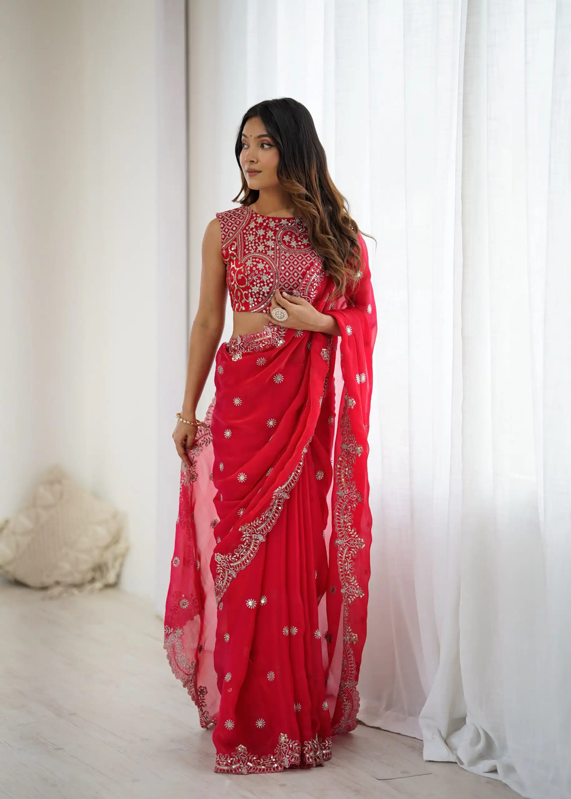 Bright Red Fendy Chiffon Embroidery Sequins Work Saree - Image 5