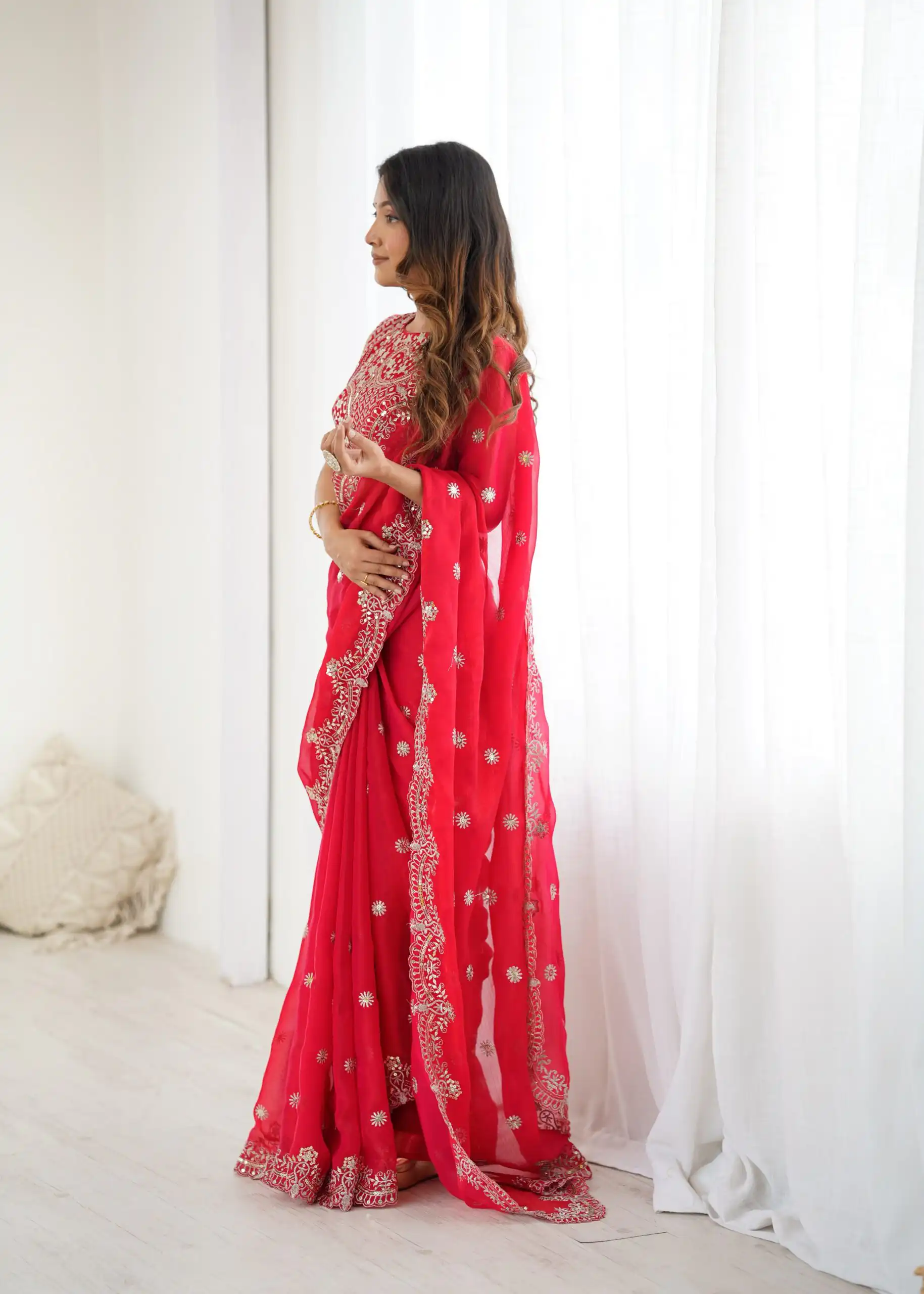 Bright Red Fendy Chiffon Embroidery Sequins Work Saree - Image 4