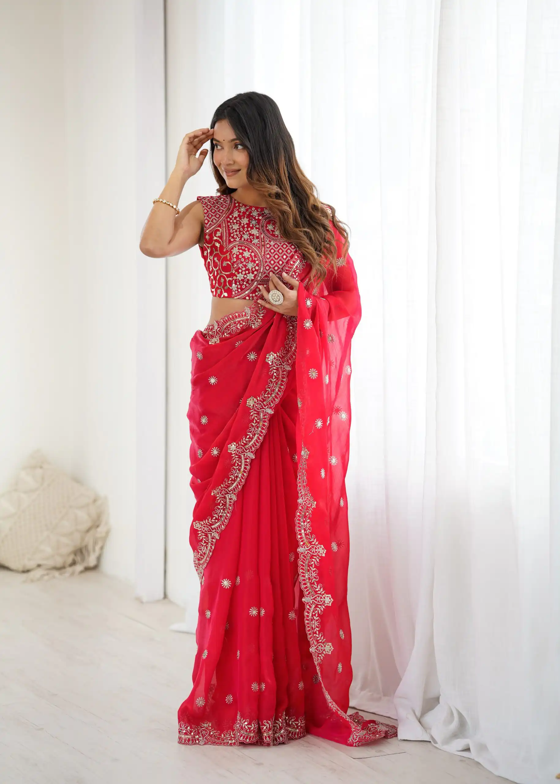 Bright Red Fendy Chiffon Embroidery Sequins Work Saree - Image 3