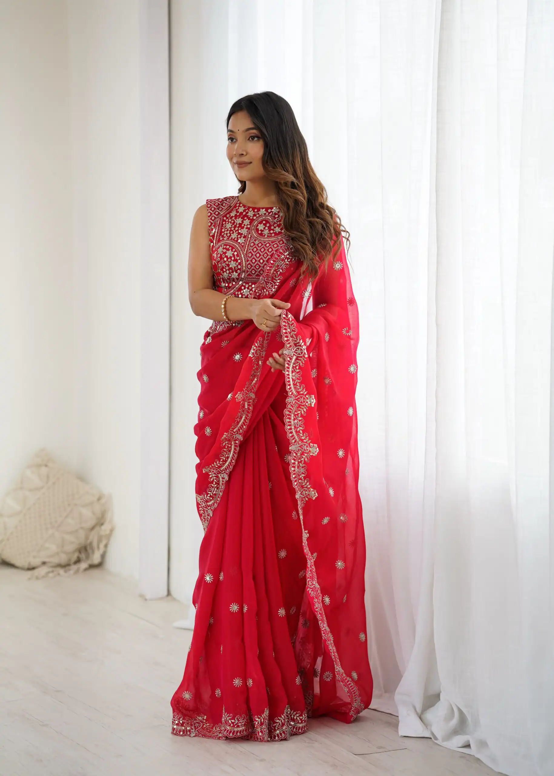 Bright Red Fendy Chiffon Embroidery Sequins Work Saree - Image 2
