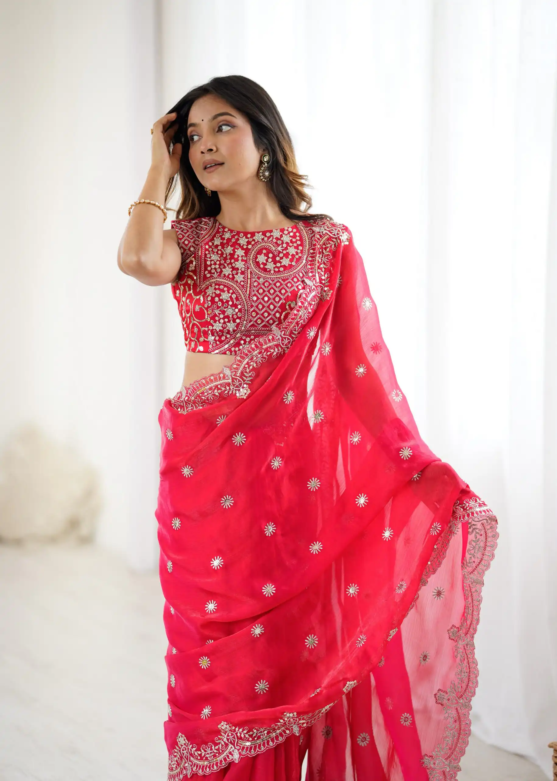 Bright Red Fendy Chiffon Embroidery Sequins Work Saree - Image 9