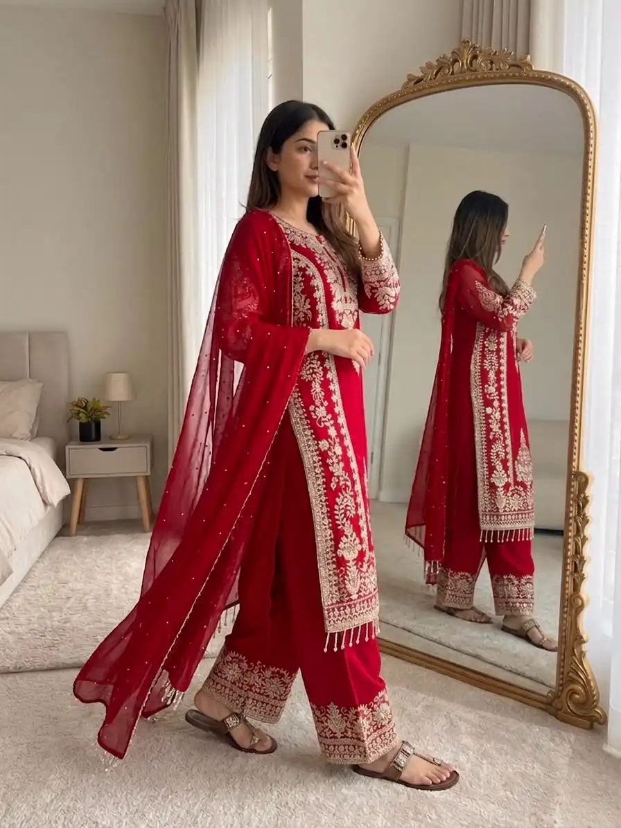 Classic Pink Faux Georgette Embroider Work Salwar Suit - Image 5