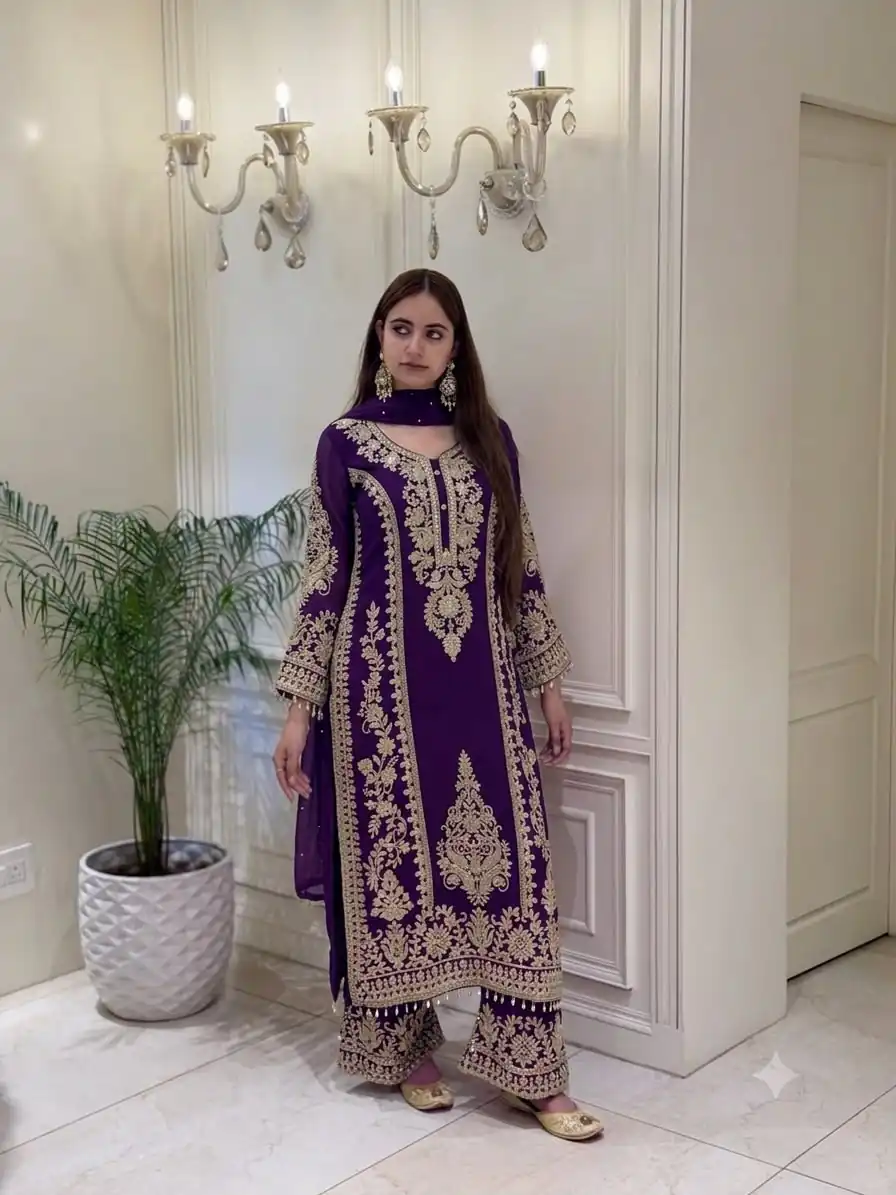 Classic Purple Faux Georgette Embroider Work Salwar Suit