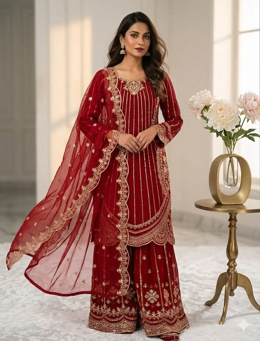 Classic Red Faux Georgette Cut Work Salwar Suit