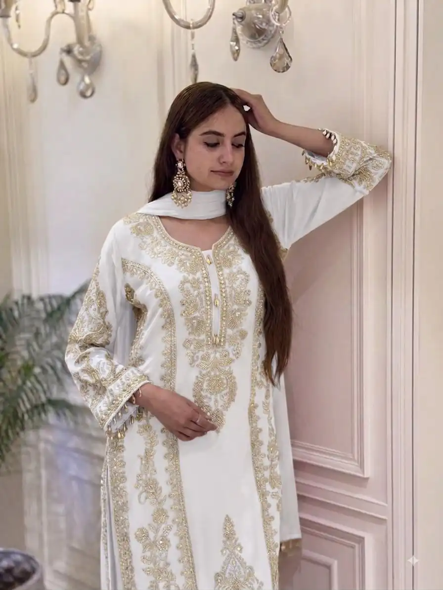 Classic White Faux Georgette Embroider Work Salwar Suit - Image 5