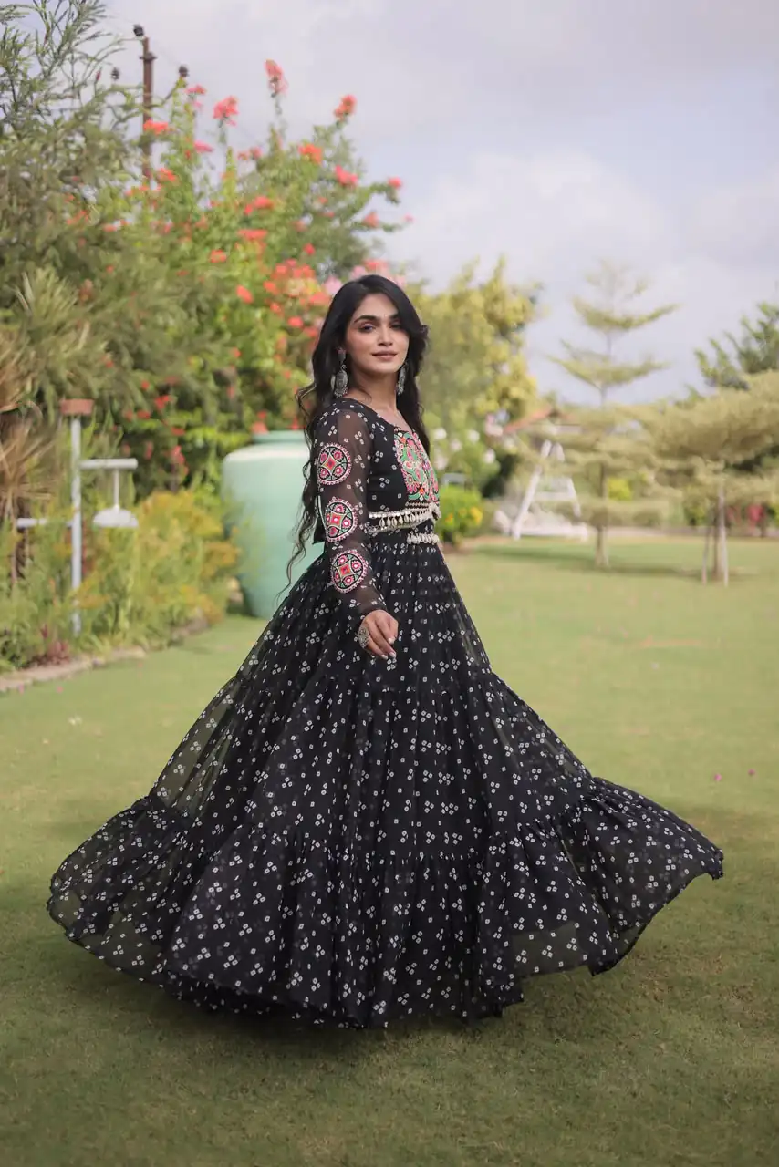 Fancy Black Faux Georgette Bandhani Print Work Gown - Image 3