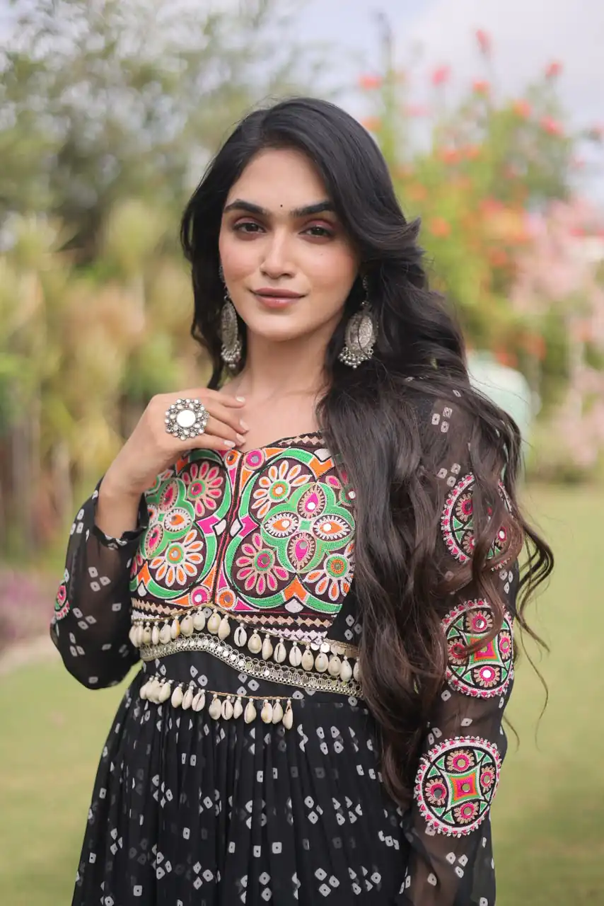Fancy Black Faux Georgette Bandhani Print Work Gown - Image 2