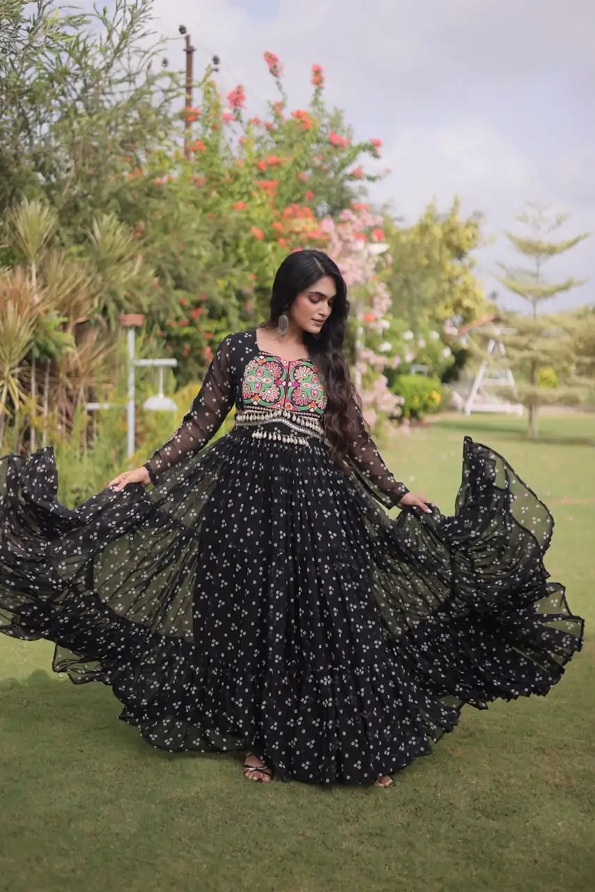 Fancy Black Faux Georgette Bandhani Print Work Gown