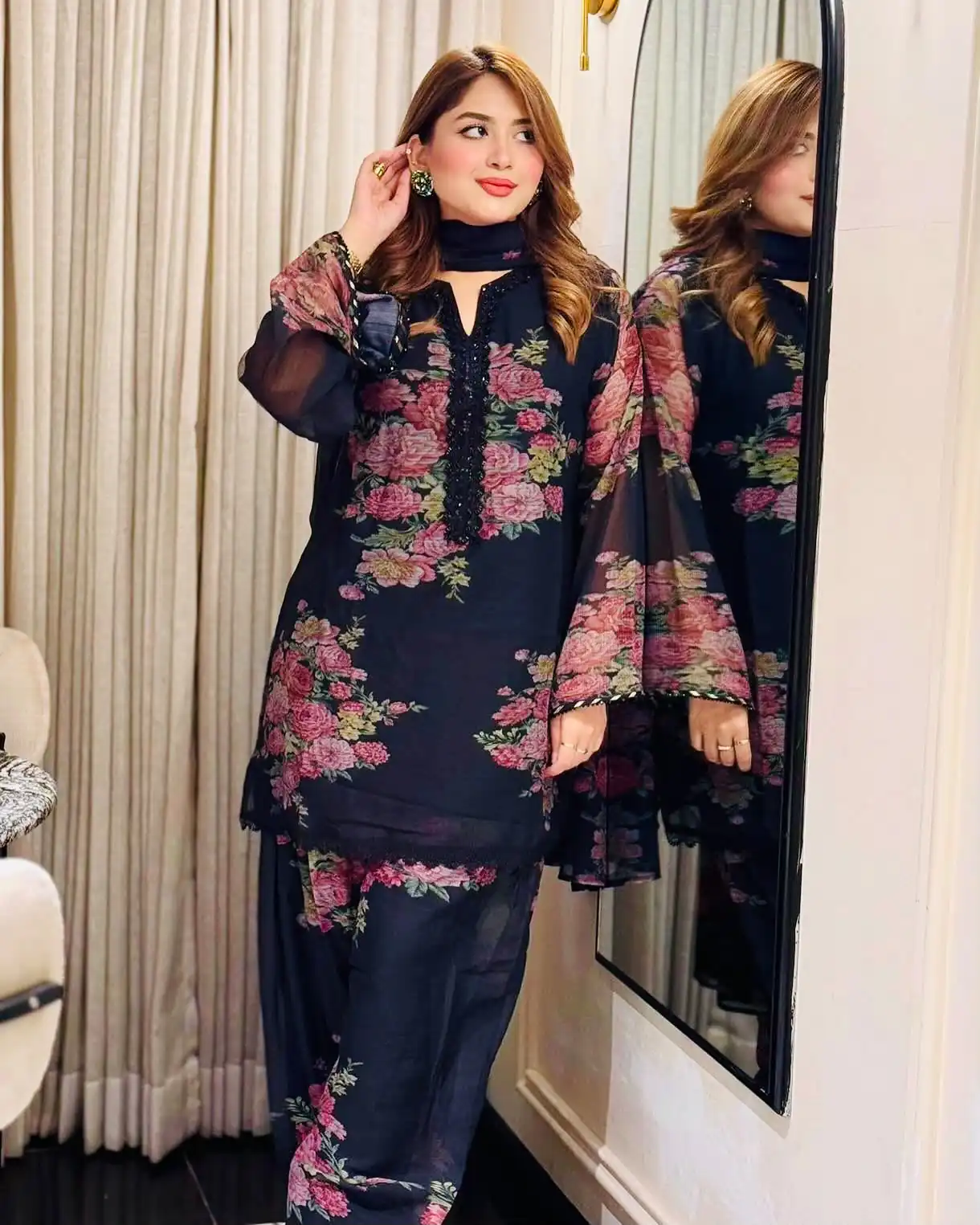 Fancy Black Faux Georgette Digital Print Salwar Suit
