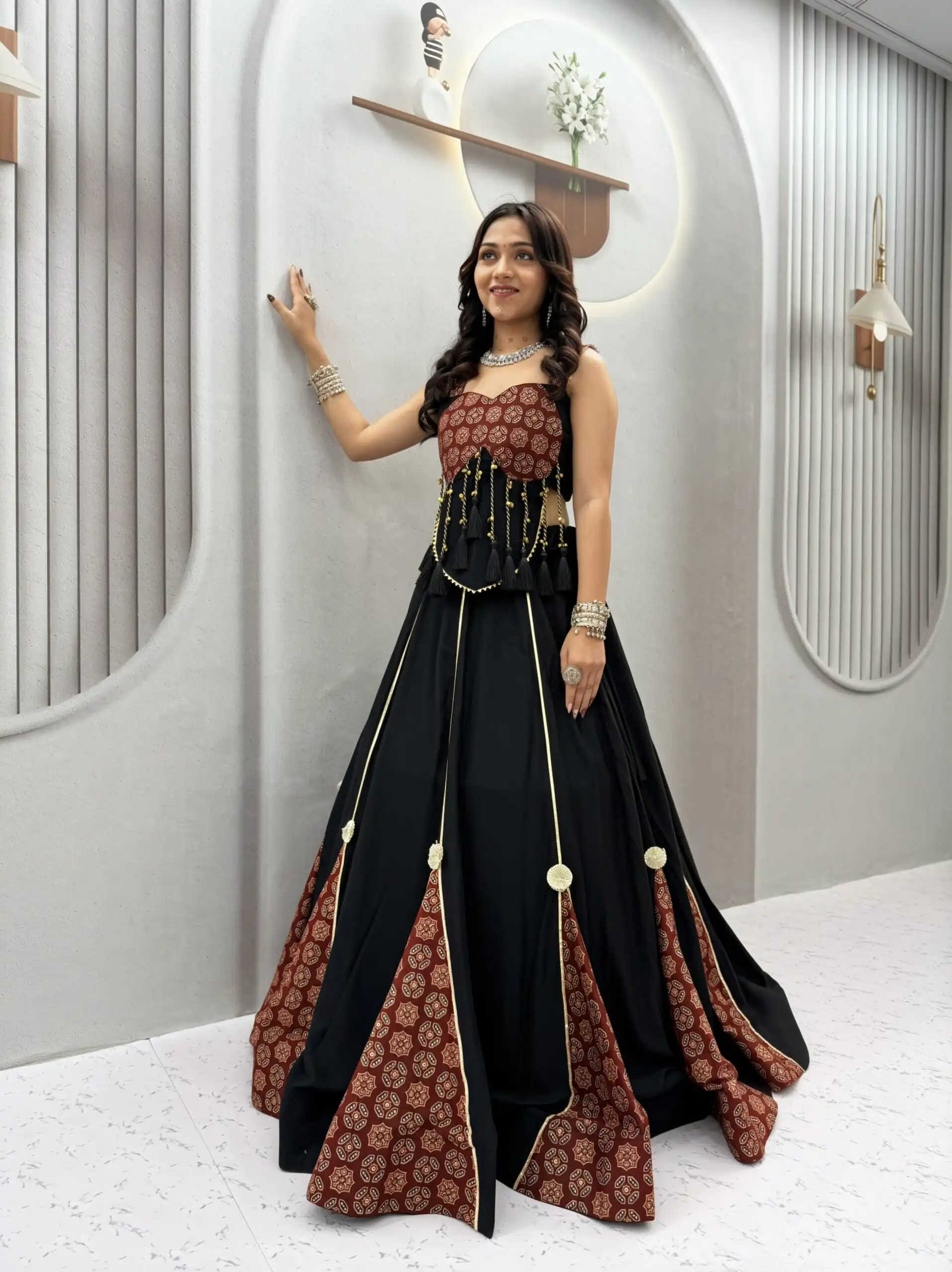 Fancy Black Pure Cotton Ajarak Hand Work Lehenga Choli - Image 4