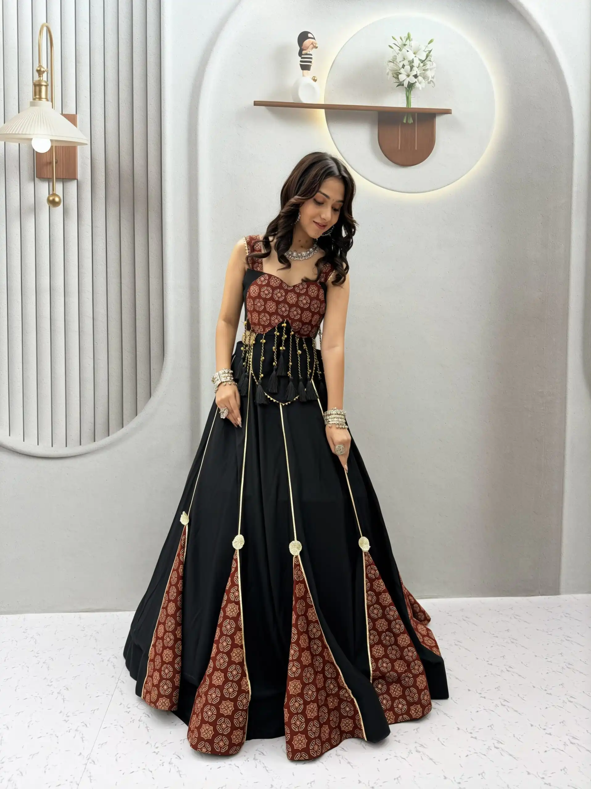Fancy Black Pure Cotton Ajarak Hand Work Lehenga Choli - Image 3