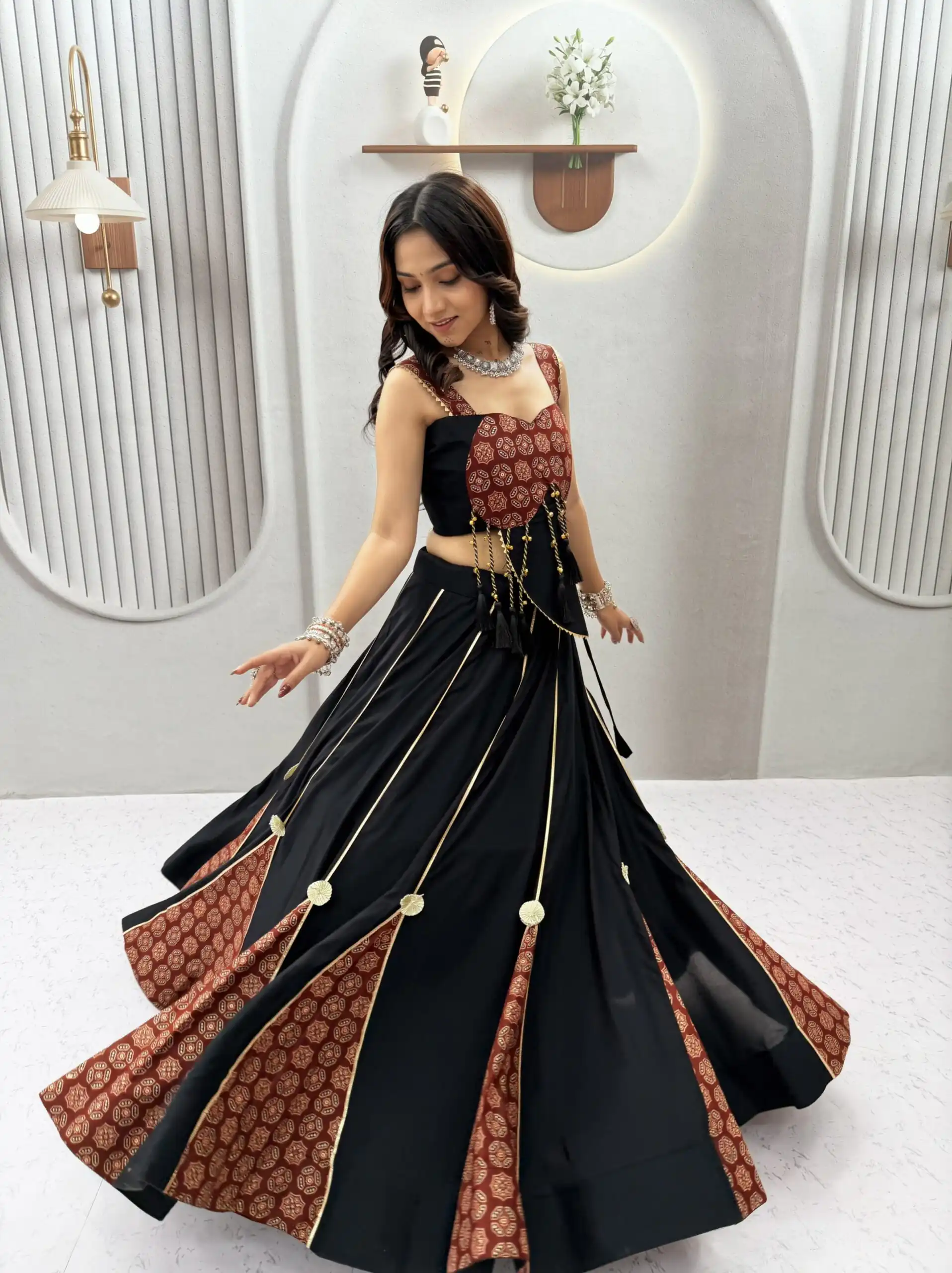 Fancy Black Pure Cotton Ajarak Hand Work Lehenga Choli - Image 6