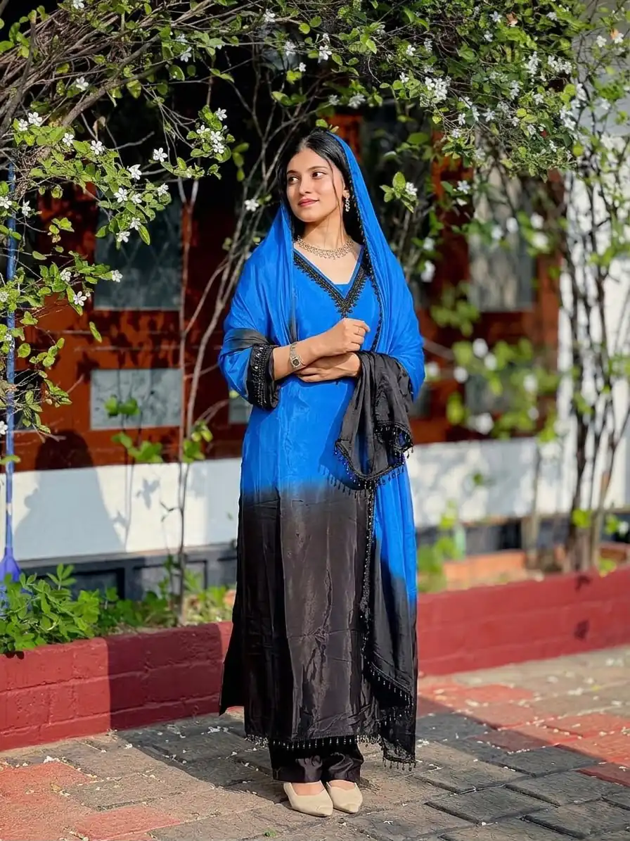 Fancy Blue French Crep Silk Embroidery Salwar Suit - Image 4