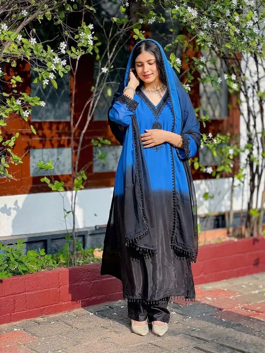 Fancy Blue French Crep Silk Embroidery Salwar Suit - Image 3