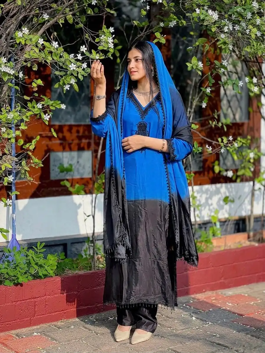 Fancy Blue French Crep Silk Embroidery Salwar Suit