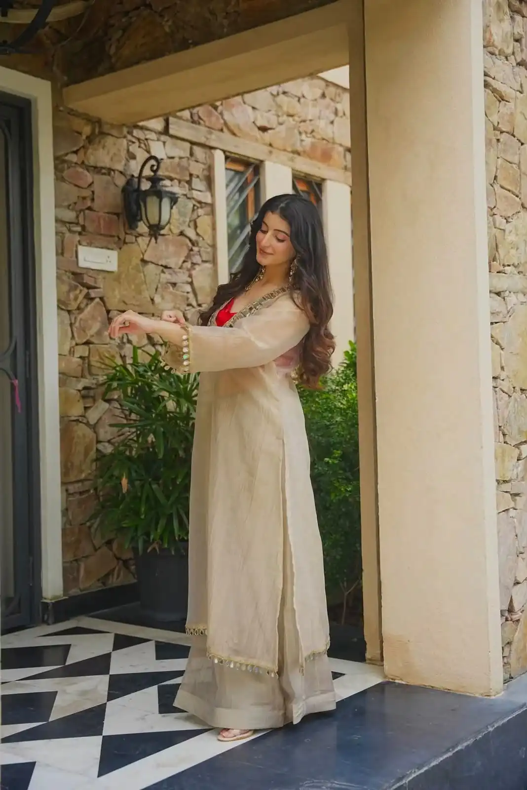 Fancy Chiku Salsa Silk Mirror Work Salwar Suit - Image 2
