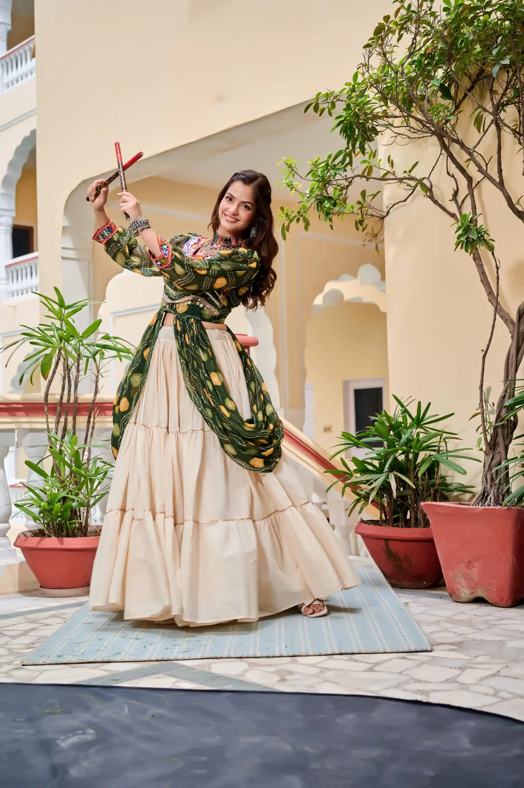Fancy Green Pure Cotton Gamthi Work Lehenga Choli - Image 2