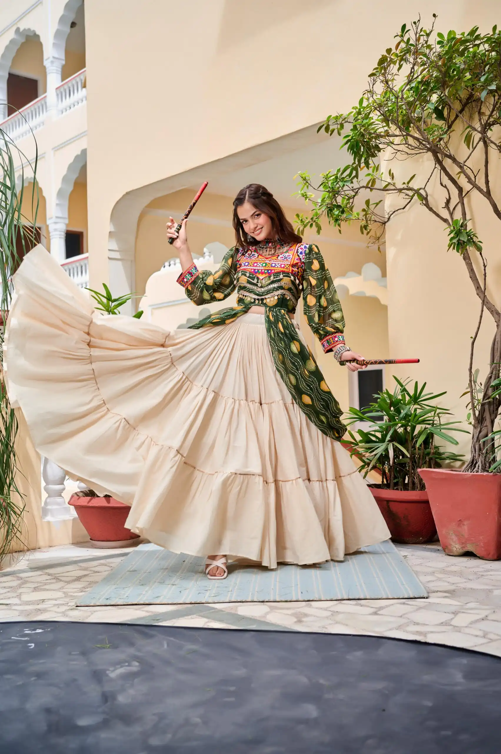 Fancy Green Pure Cotton Gamthi Work Lehenga Choli
