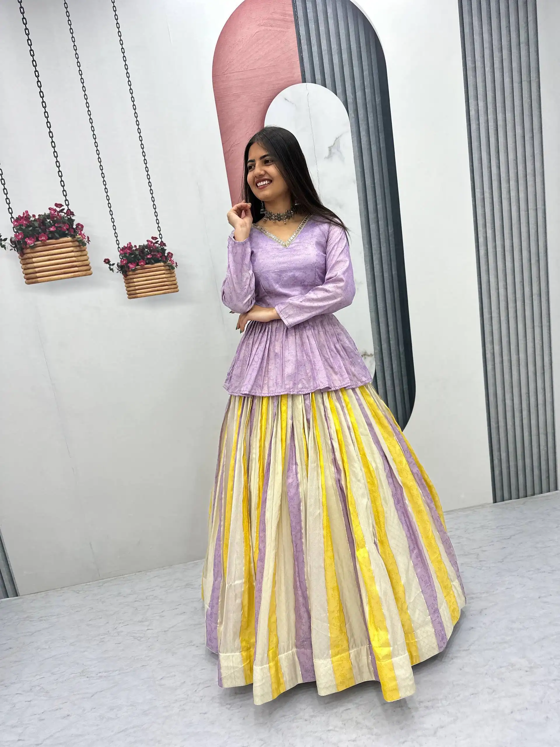 Fancy Lavender Jacquard Silk Lace Work Lehenga Choli