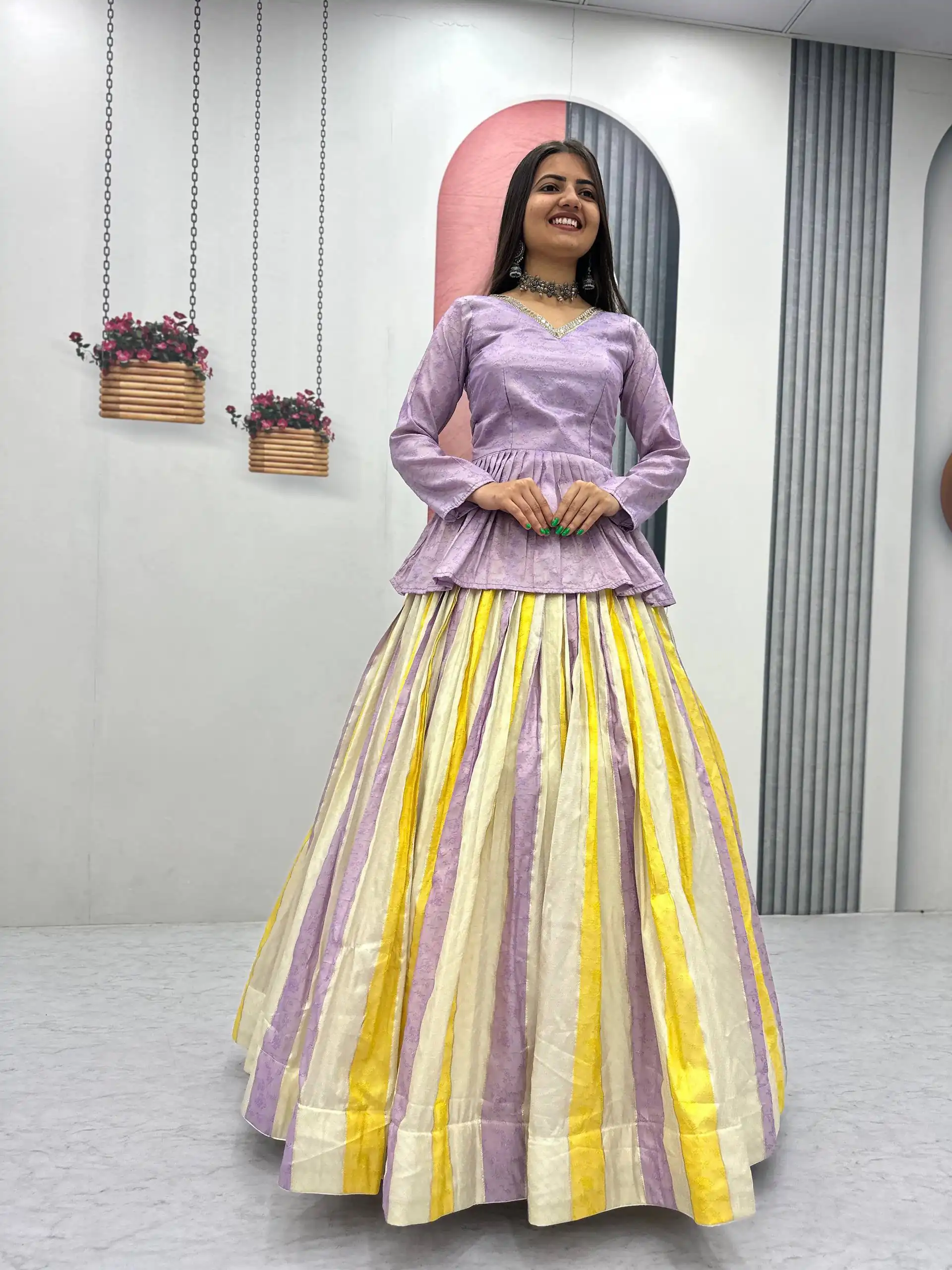 Fancy Lavender Jacquard Silk Lace Work Lehenga Choli - Image 5