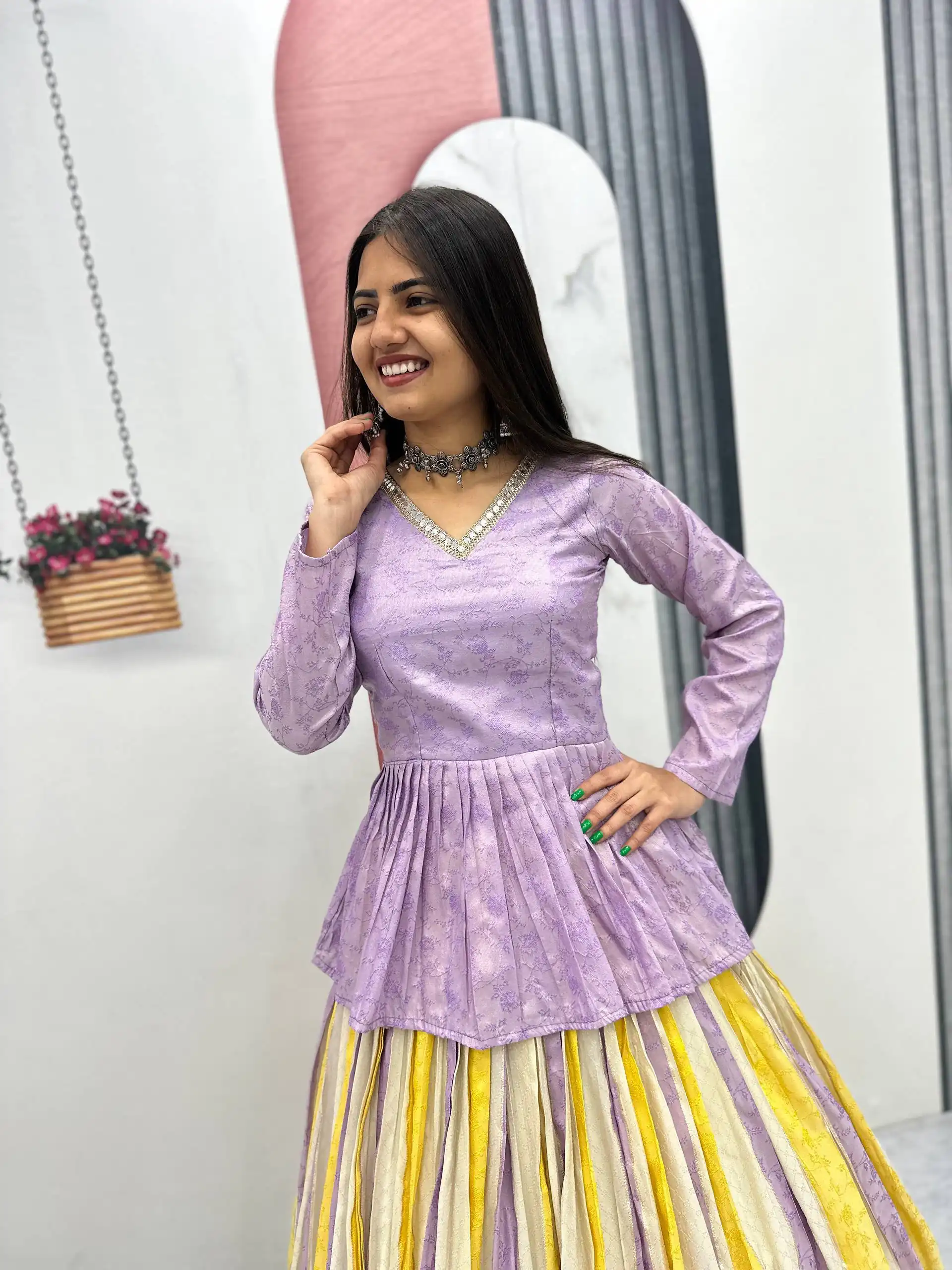 Fancy Lavender Jacquard Silk Lace Work Lehenga Choli - Image 4
