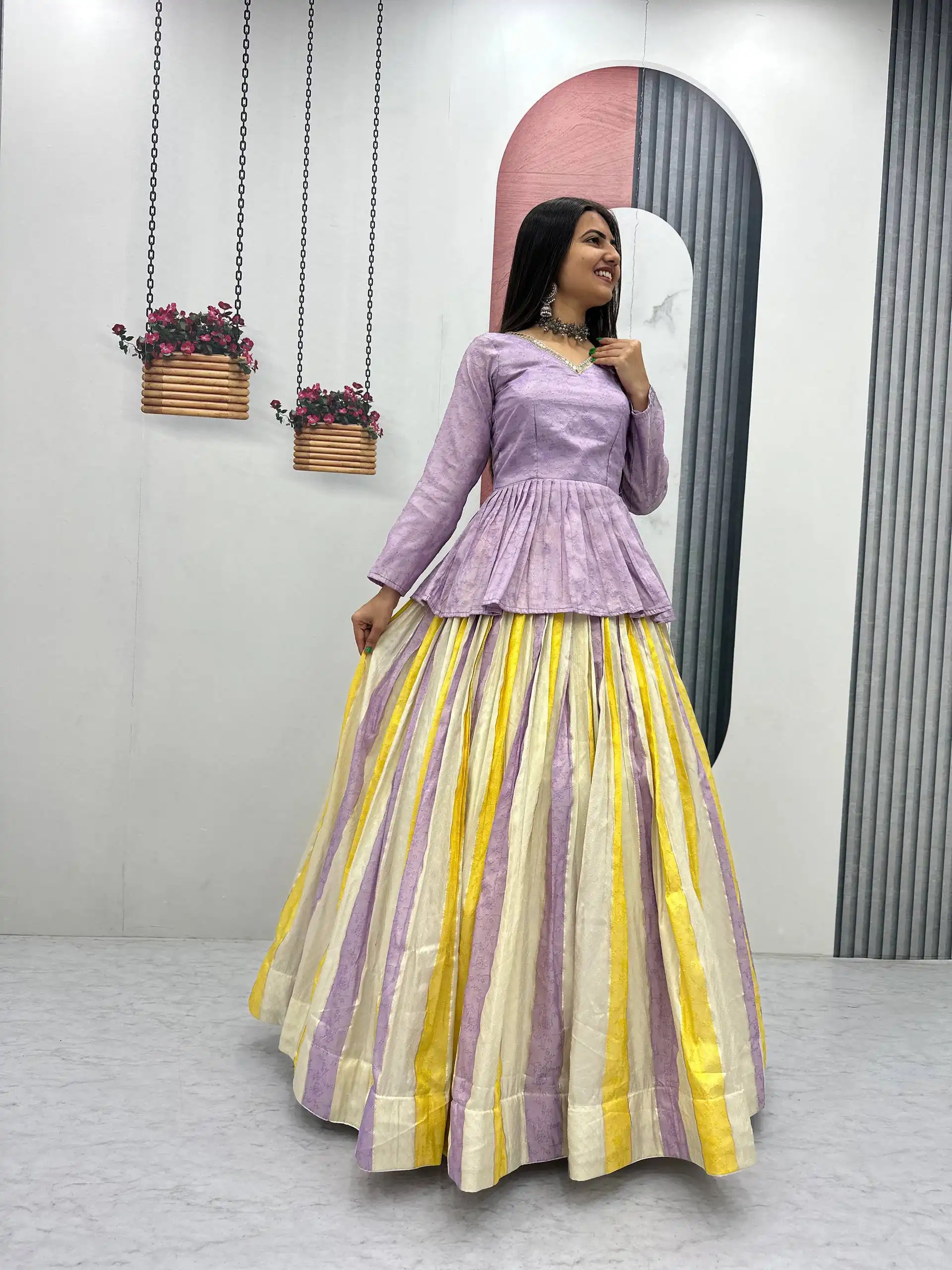 Fancy Lavender Jacquard Silk Lace Work Lehenga Choli - Image 2