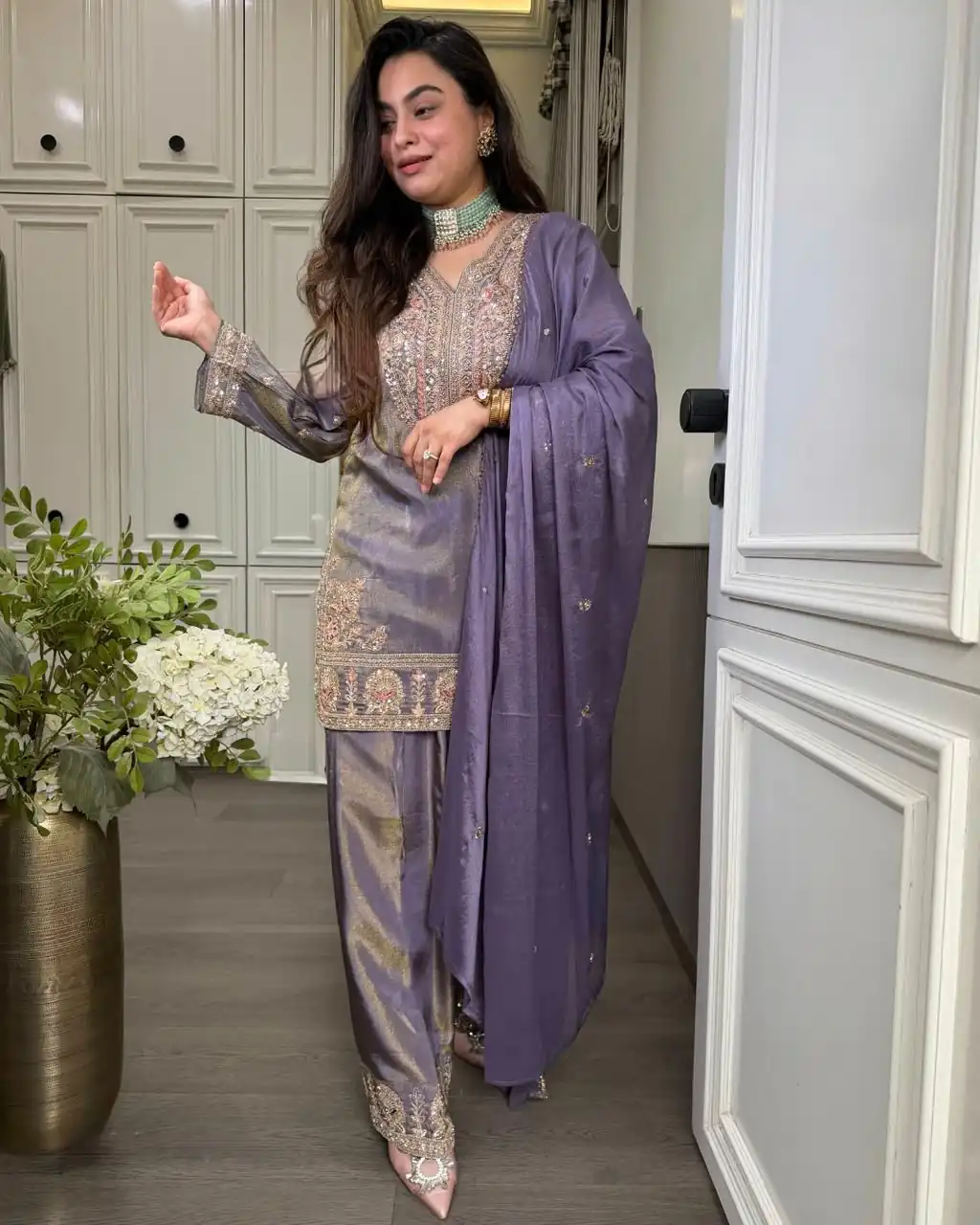 Fancy Lavender Ronald Silk Sequins Work Salwar Suit