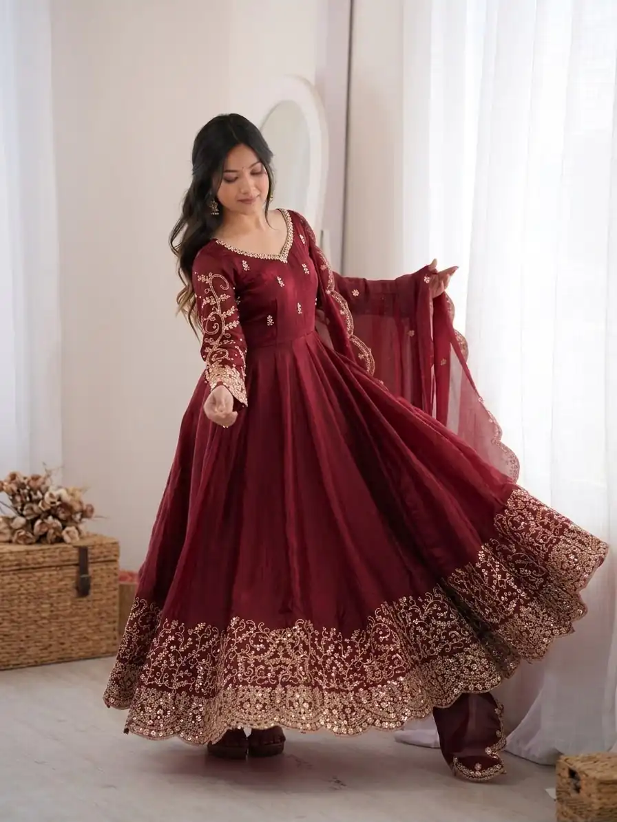 Fancy Maroon Fendy Silk Embroider Sequins Work Gown - Image 10