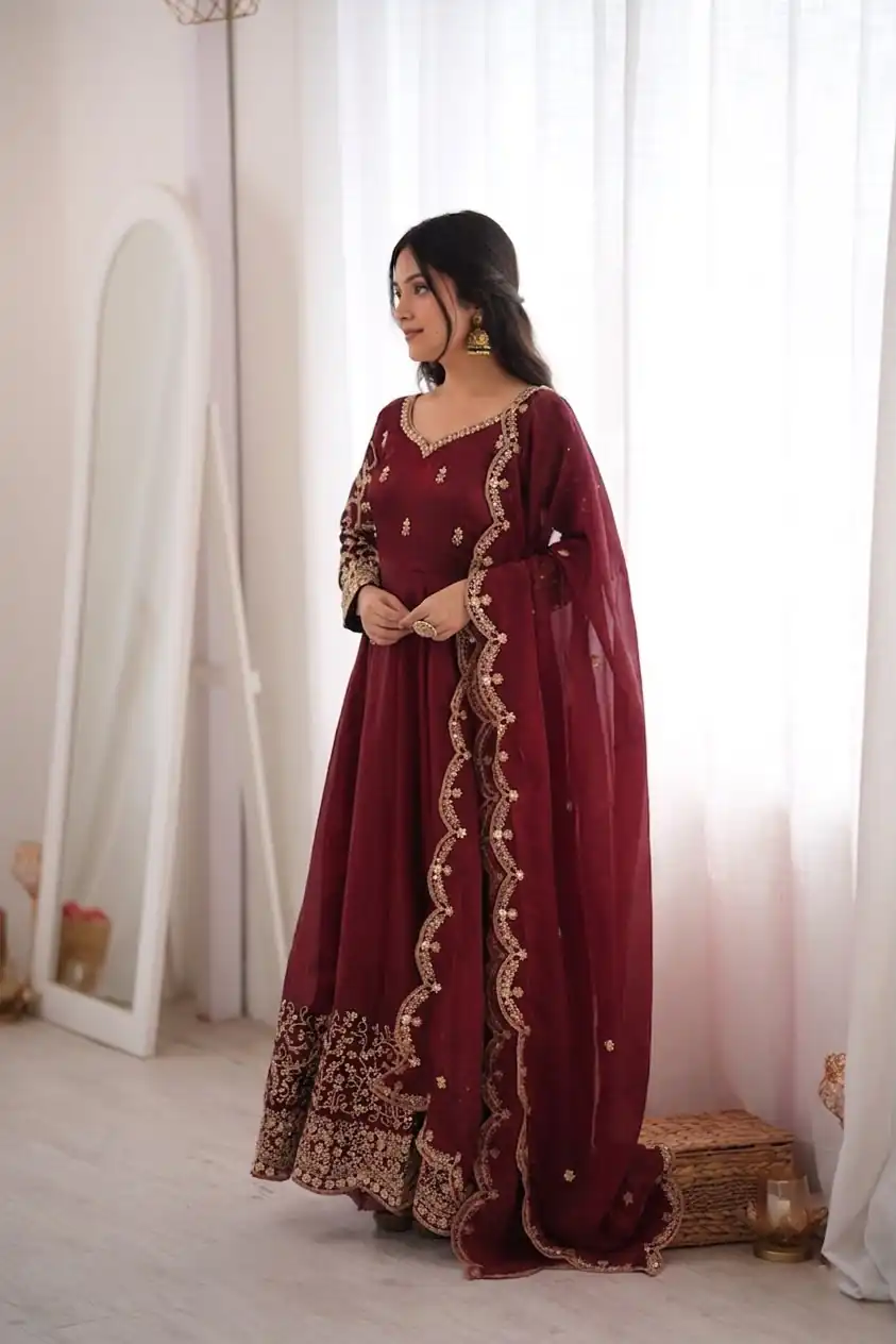 Fancy Maroon Fendy Silk Embroider Sequins Work Gown - Image 9