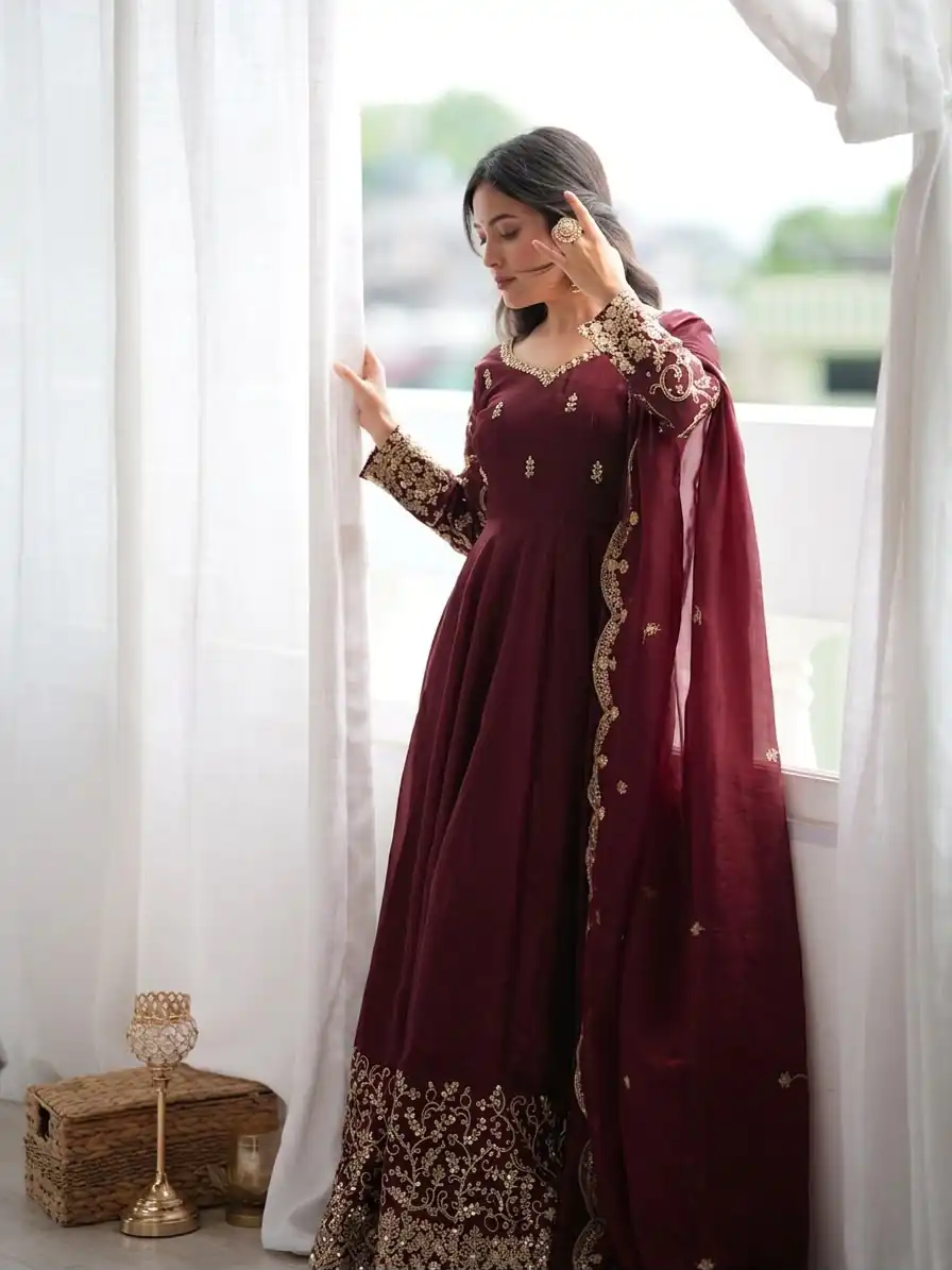 Fancy Maroon Fendy Silk Embroider Sequins Work Gown - Image 4
