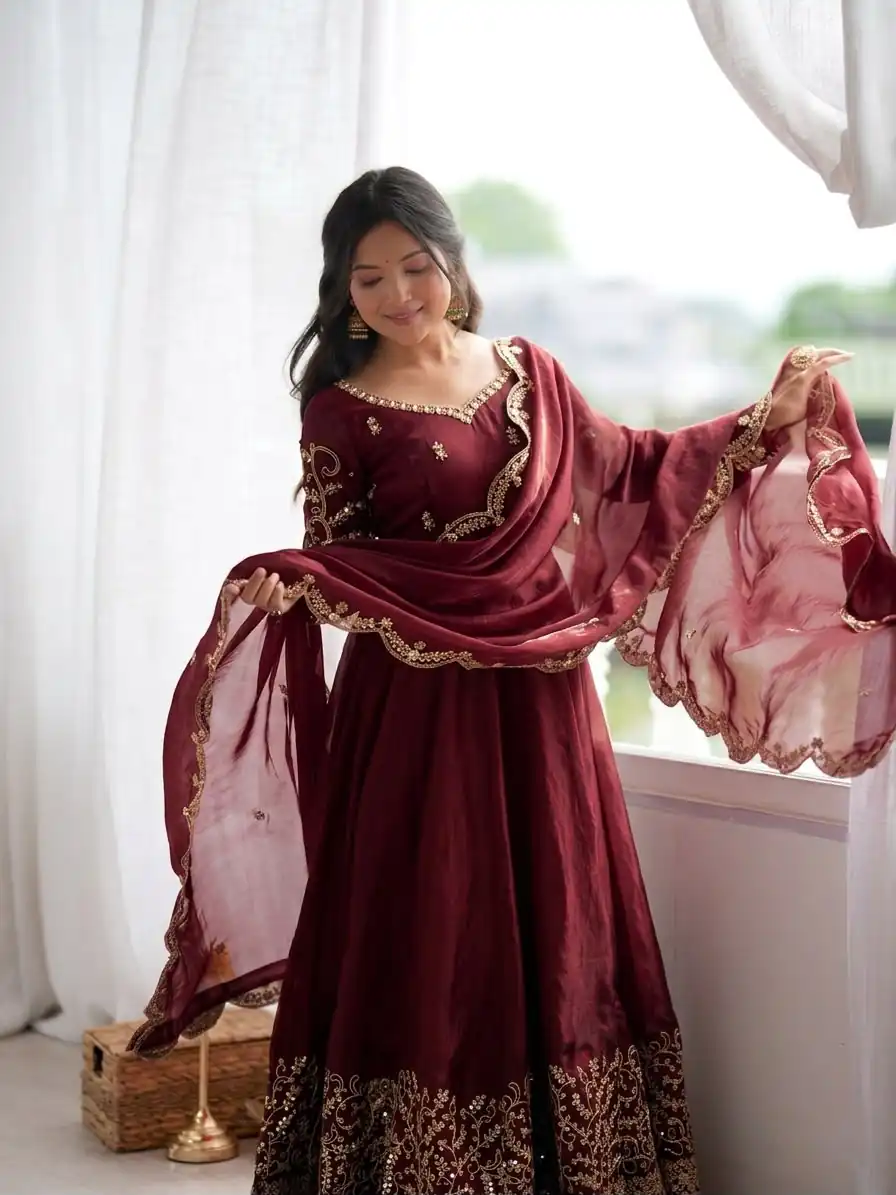 Fancy Maroon Fendy Silk Embroider Sequins Work Gown - Image 3
