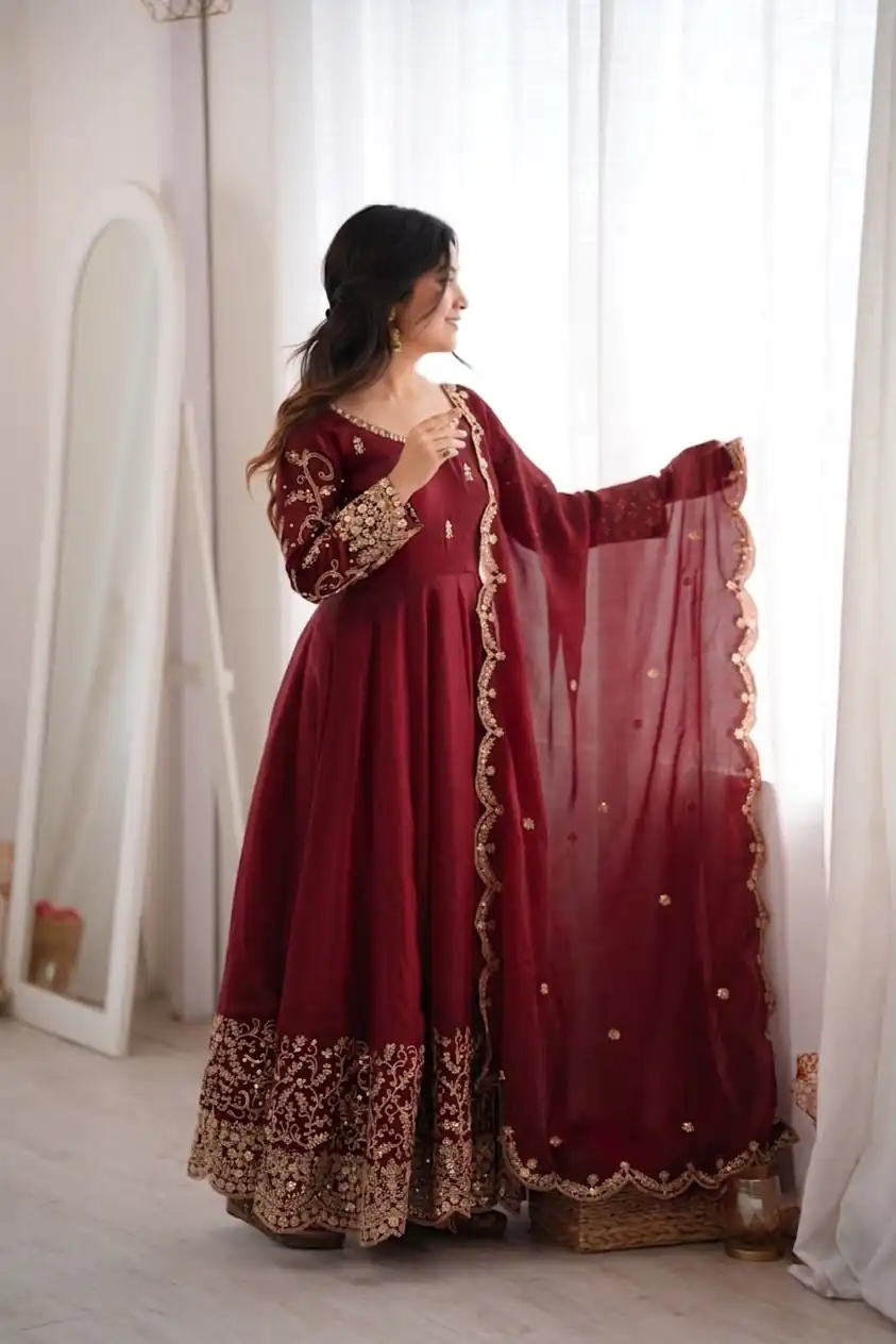 Fancy Maroon Fendy Silk Embroider Sequins Work Gown - Image 2