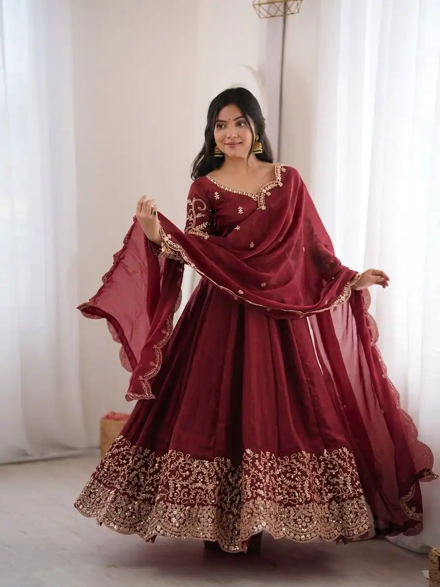 Fancy Maroon Fendy Silk Embroider Sequins Work Gown