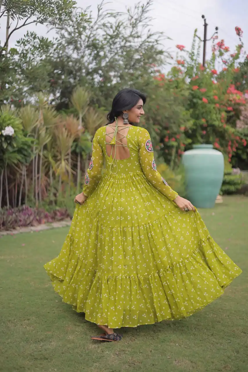 Fancy Mehendi Faux Georgette Bandhani Print Work Gown - Image 4